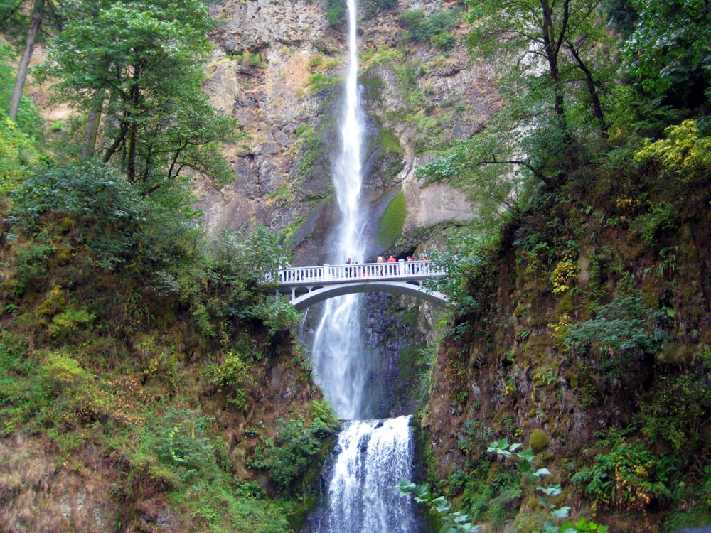 Ponte branca em frente às cachoeiras durante o dia