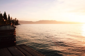 A serene lakeside view in Finland with a wooden pier and pine trees at sunset.