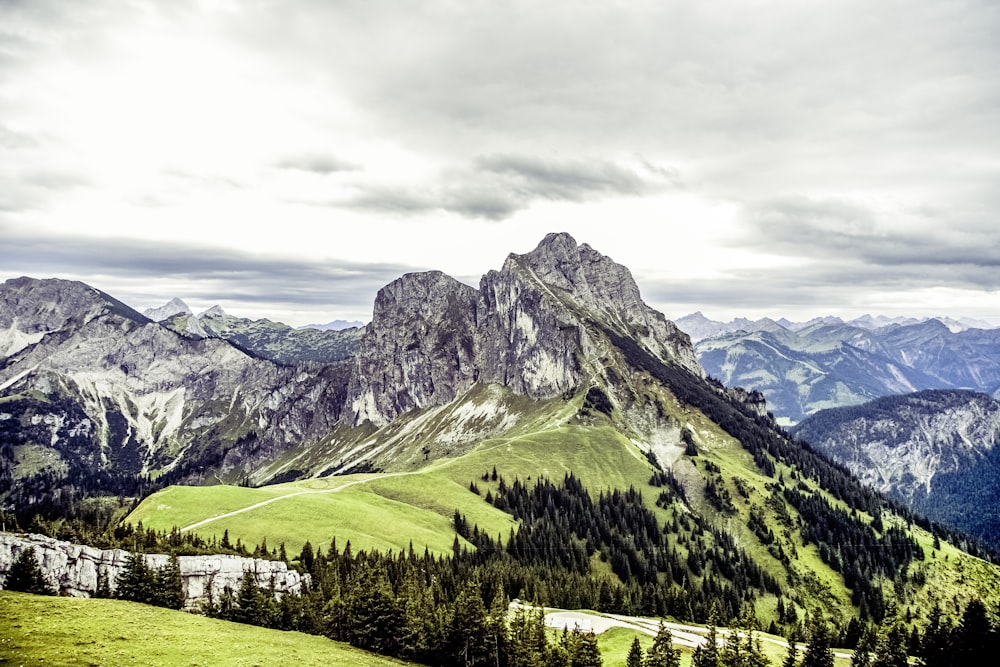 Berg bedeckt mit grünem Gras und Bäumen unter weißen Wolken