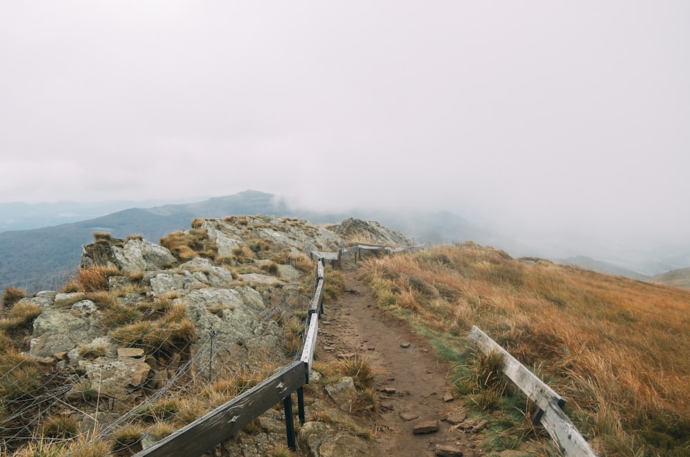 Camino marrón con riel bajo el cielo blanco durante la fotografía diurna