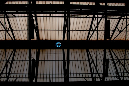 A ceiling with dark, silhouetted metal framework and translucent panels. A singular circular vent with blue panels is visible against the predominantly beige translucent roofing.