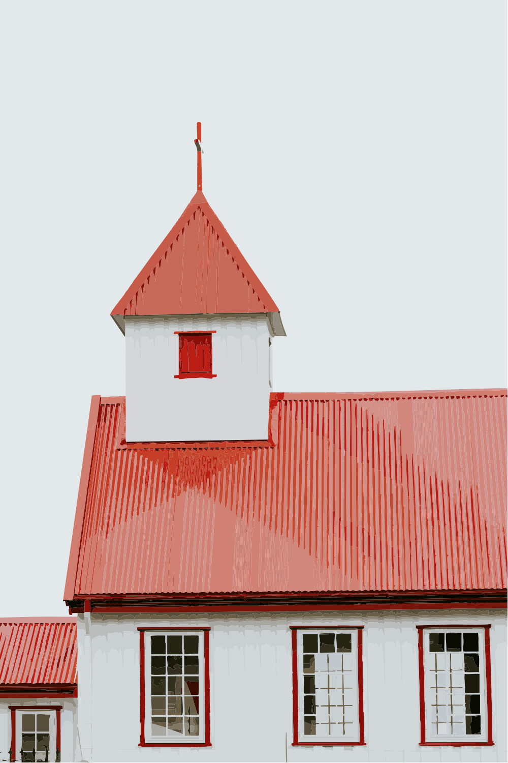 A white building with a red roof and a clock tower