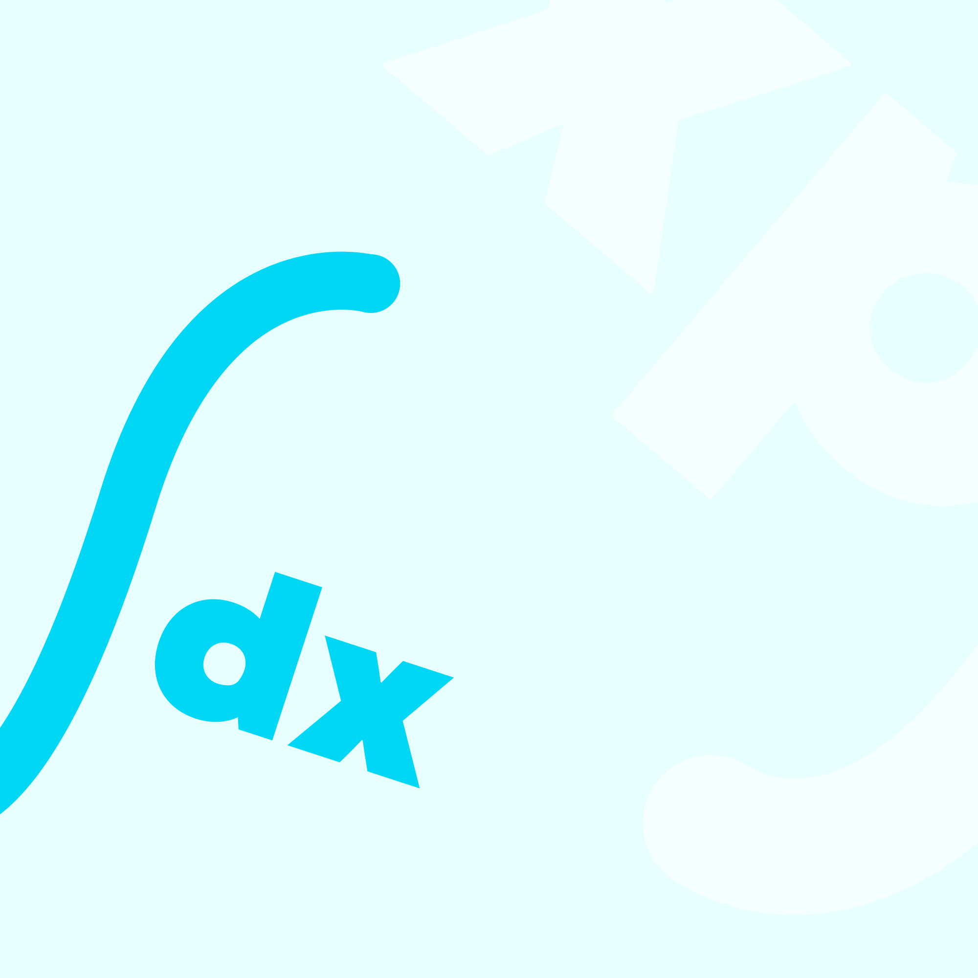 Simbol integral cyan cerah dan dx di latar belakang biru muda