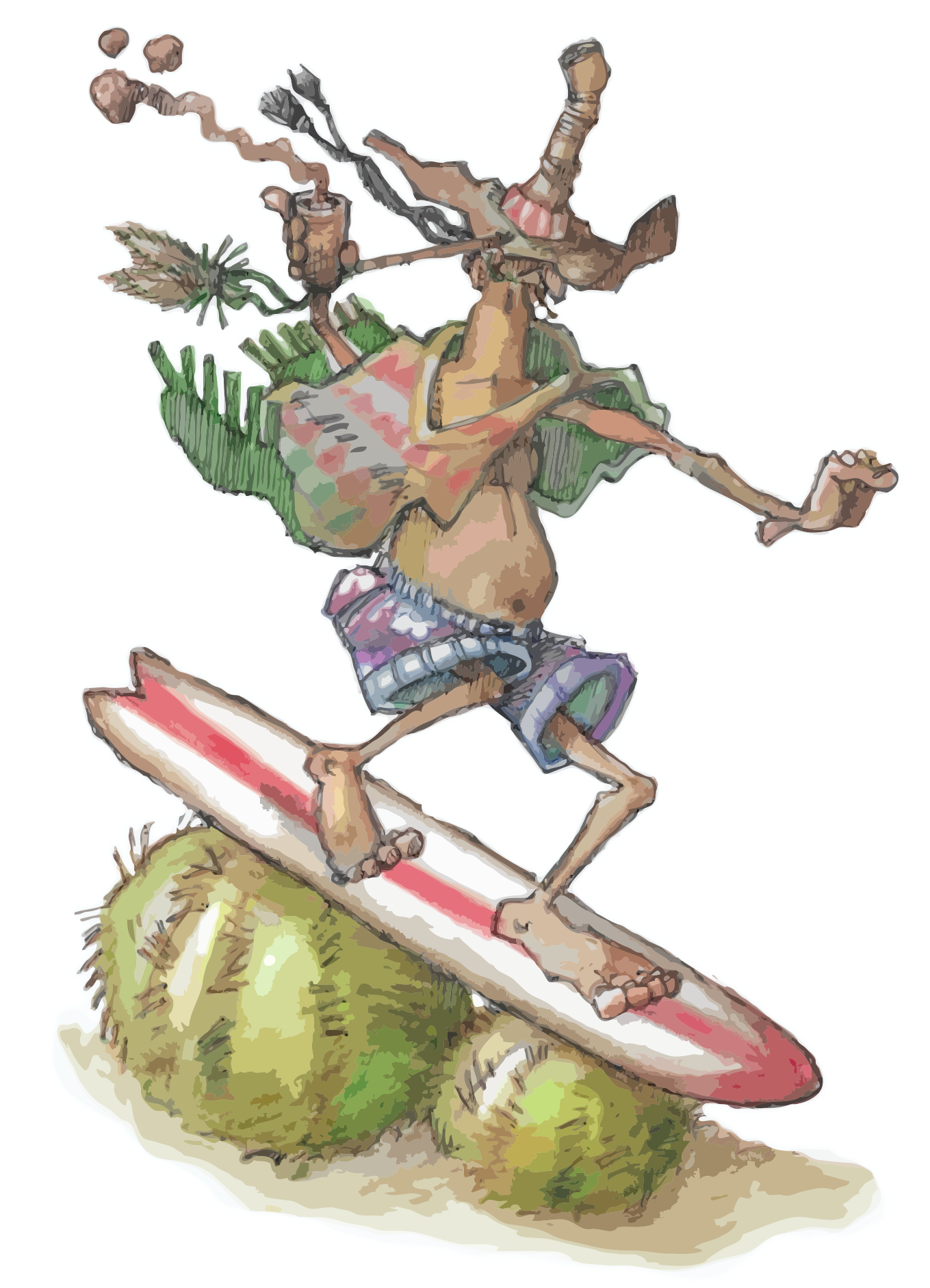 Un dibujo de un hombre montando una tabla de surf
