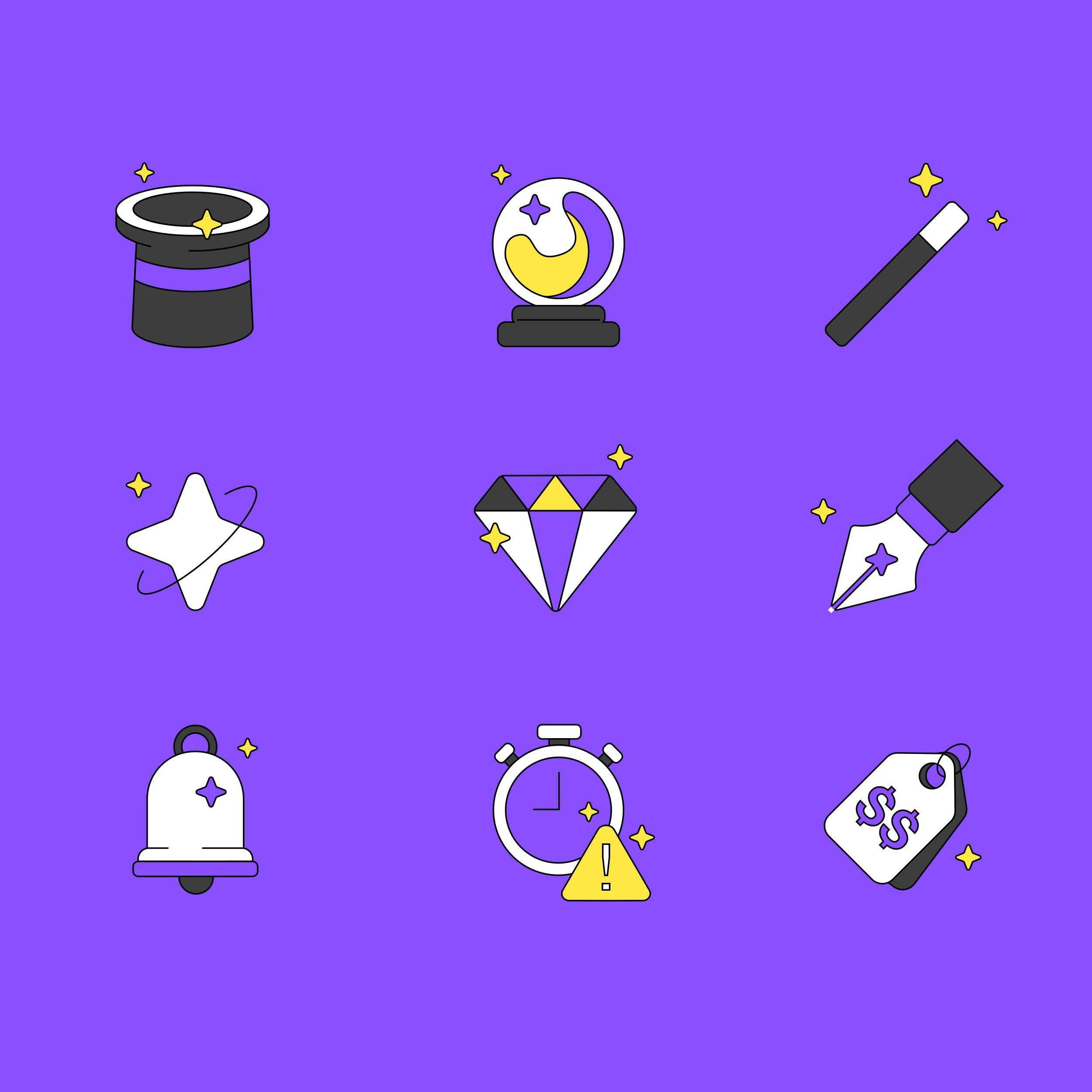 A purple background with a bunch of different items