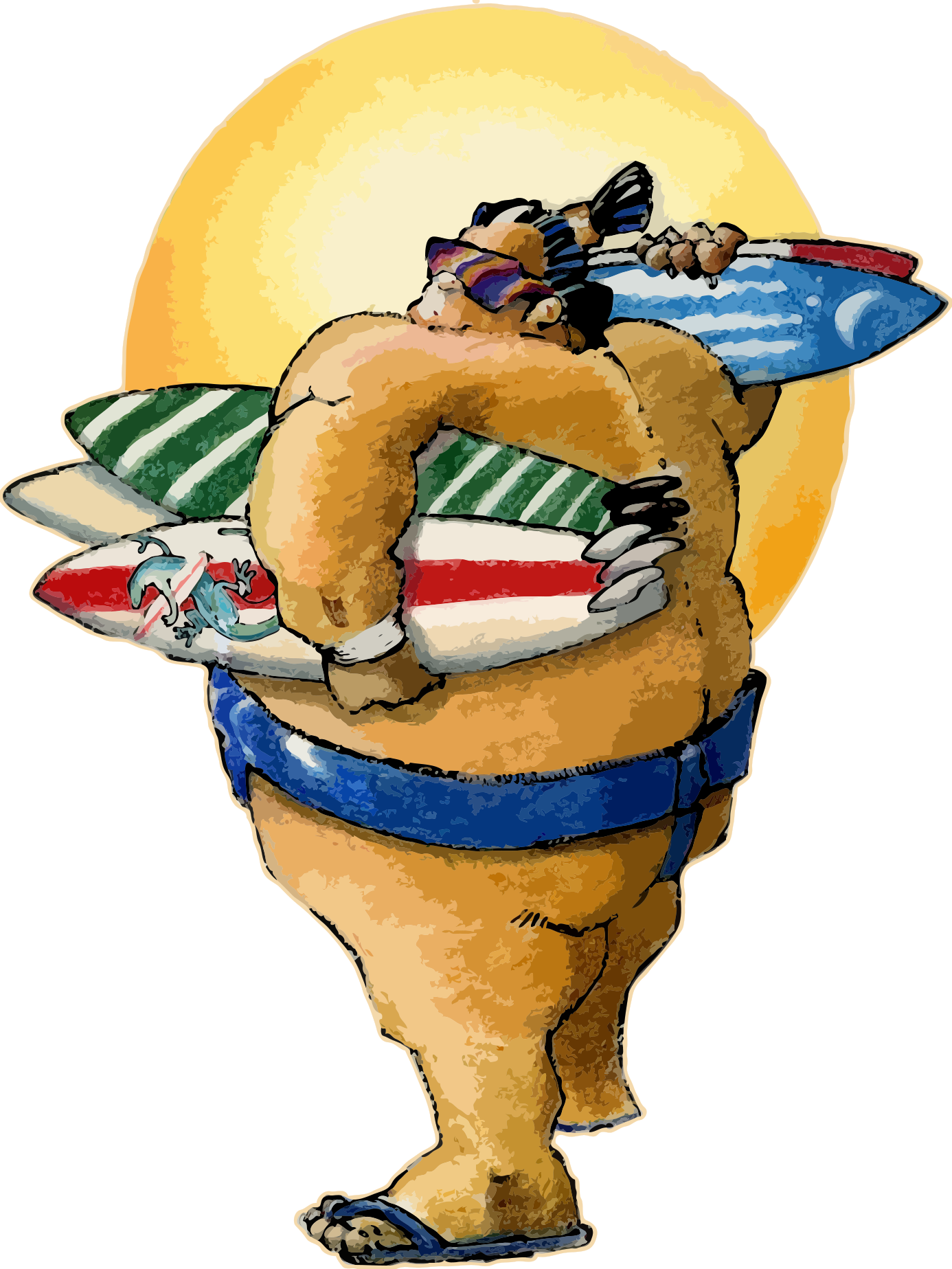 A bear carrying a surfboard and another bear on his back