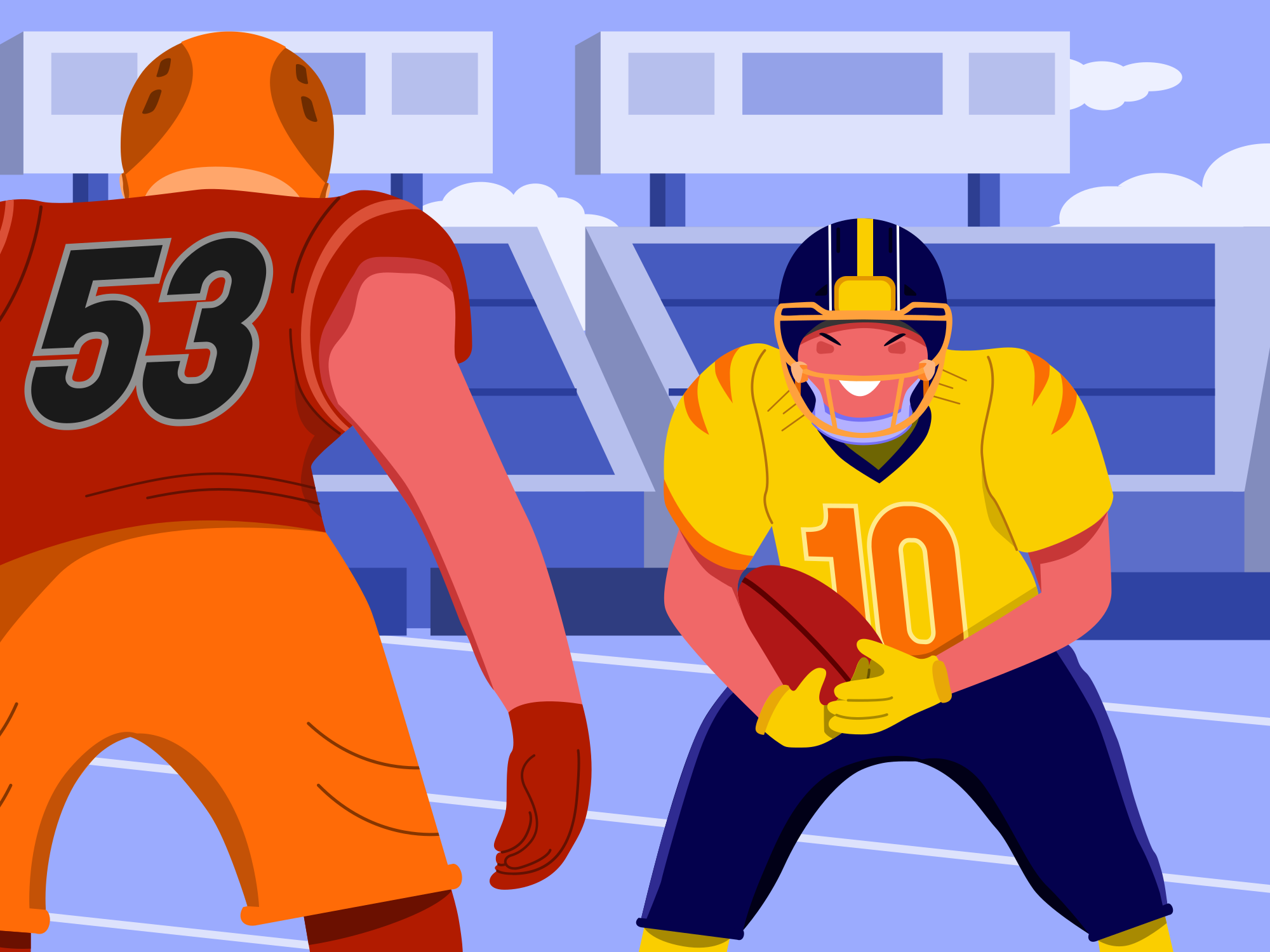 A cartoon of a football player and a football player