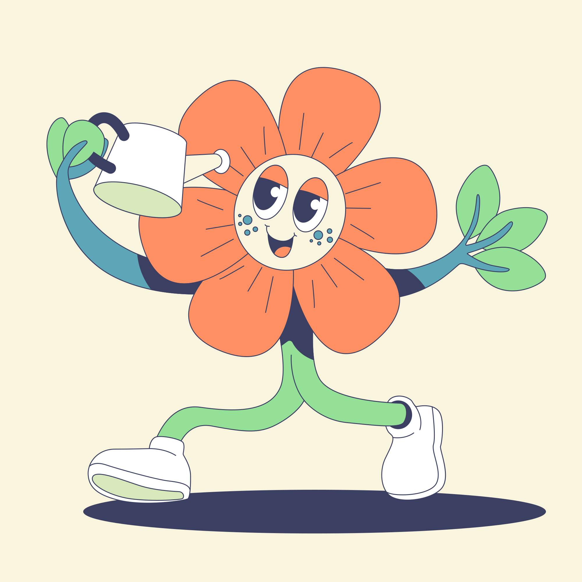 Una flor de dibujos animados con una taza en la mano