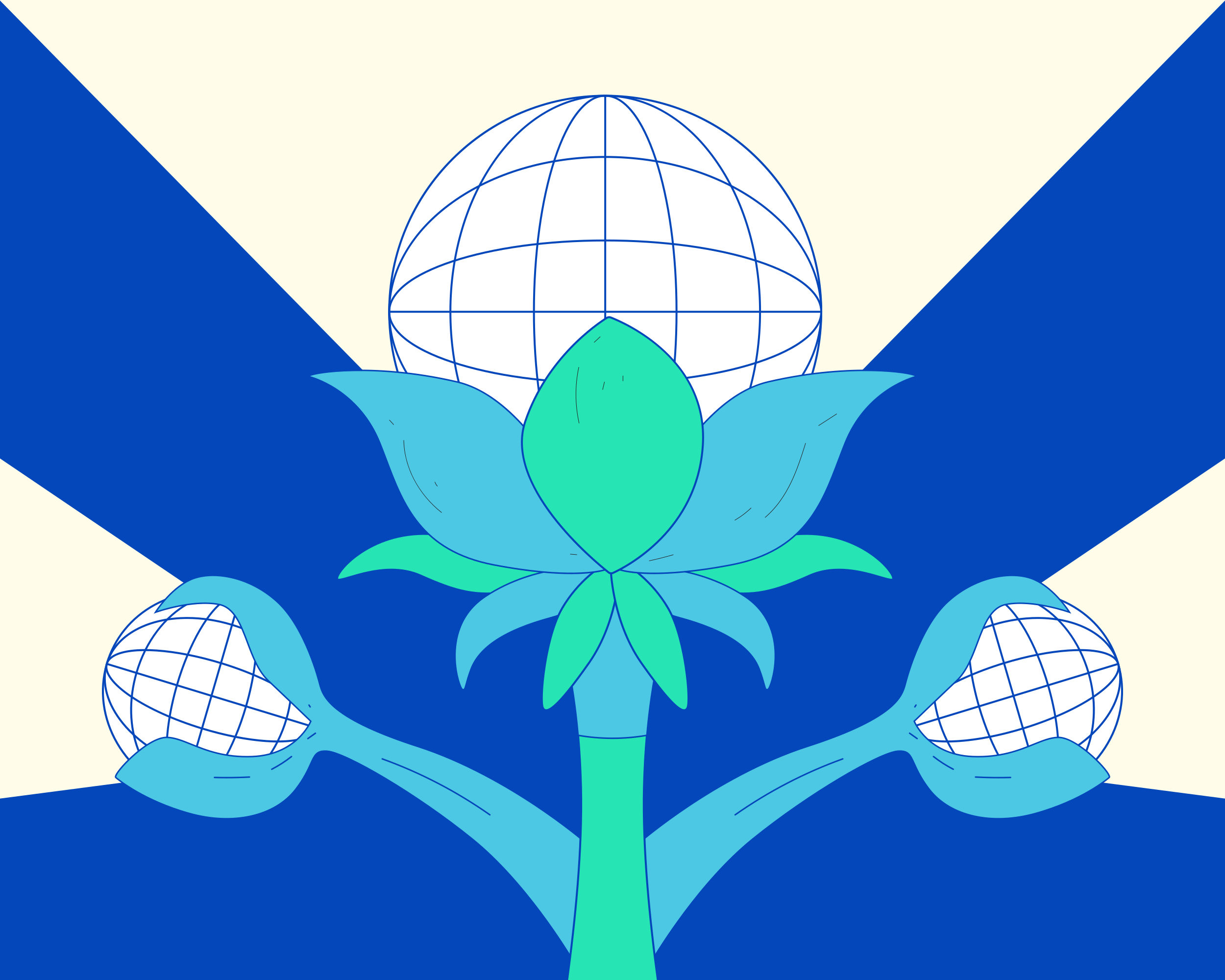 Ein blau-weißer Hintergrund mit einer Blume und einem Globus