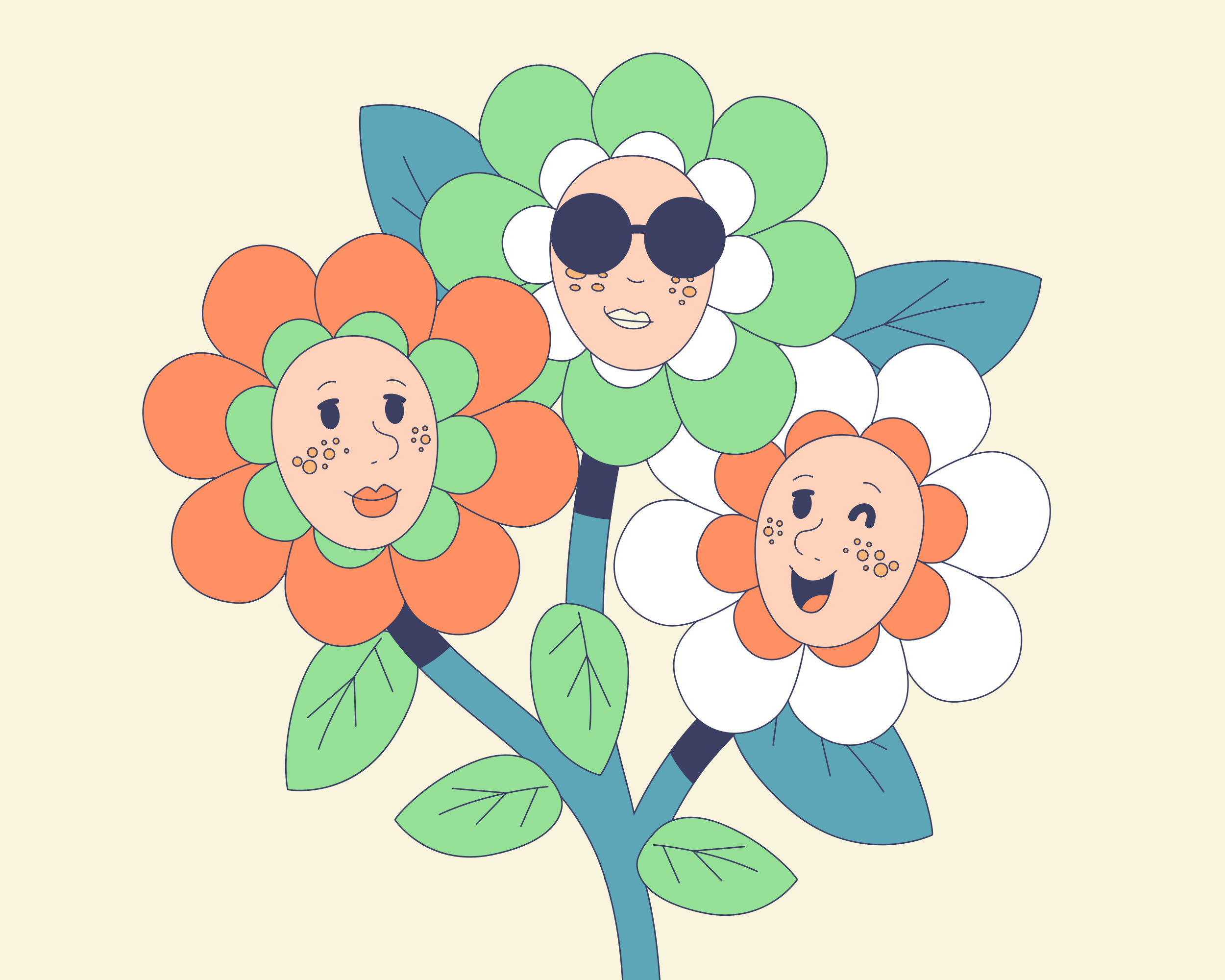 Três flores estilizadas com rostos humanos e sardas em um único caule azul