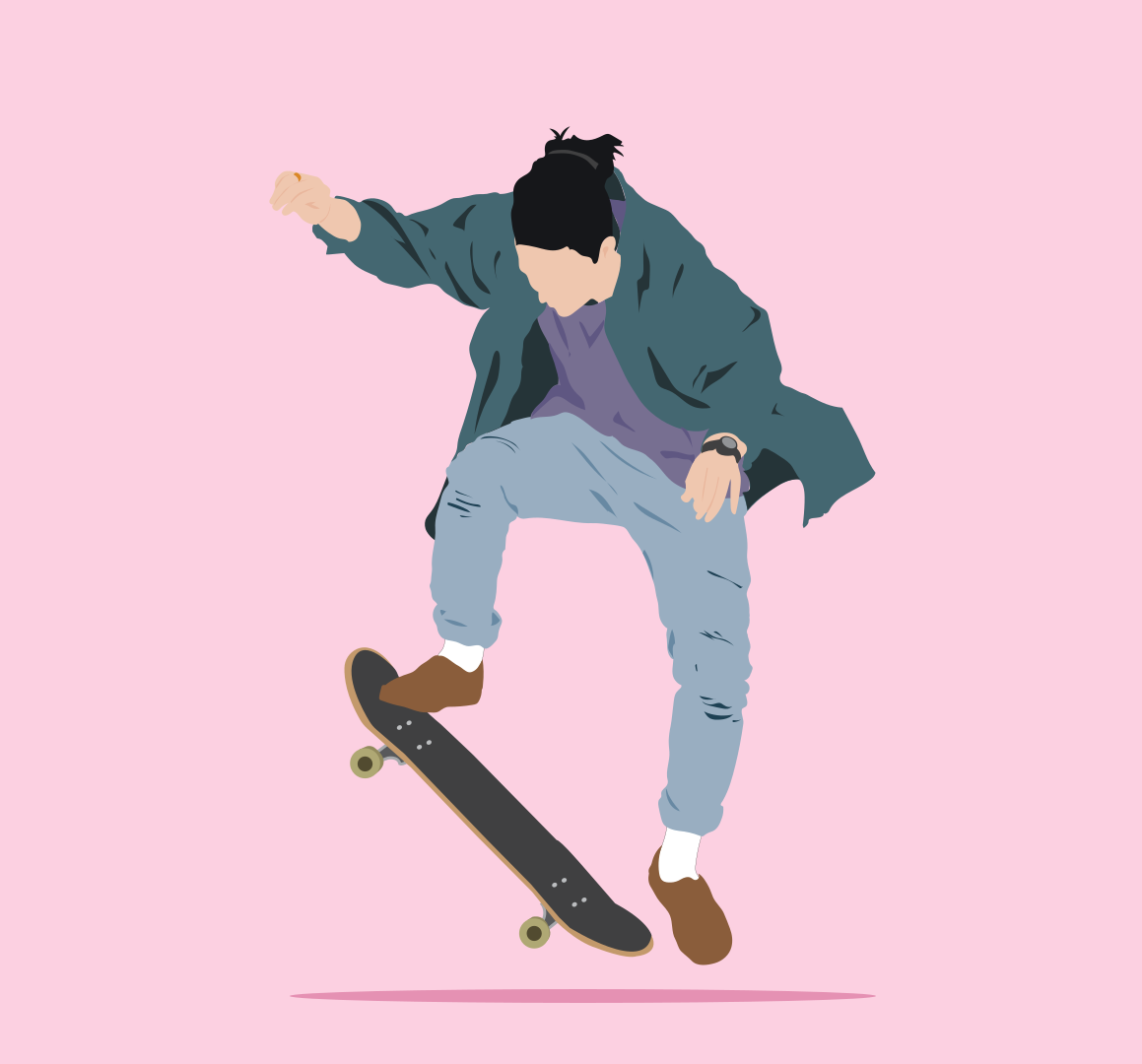 A man riding a skateboard on a pink background