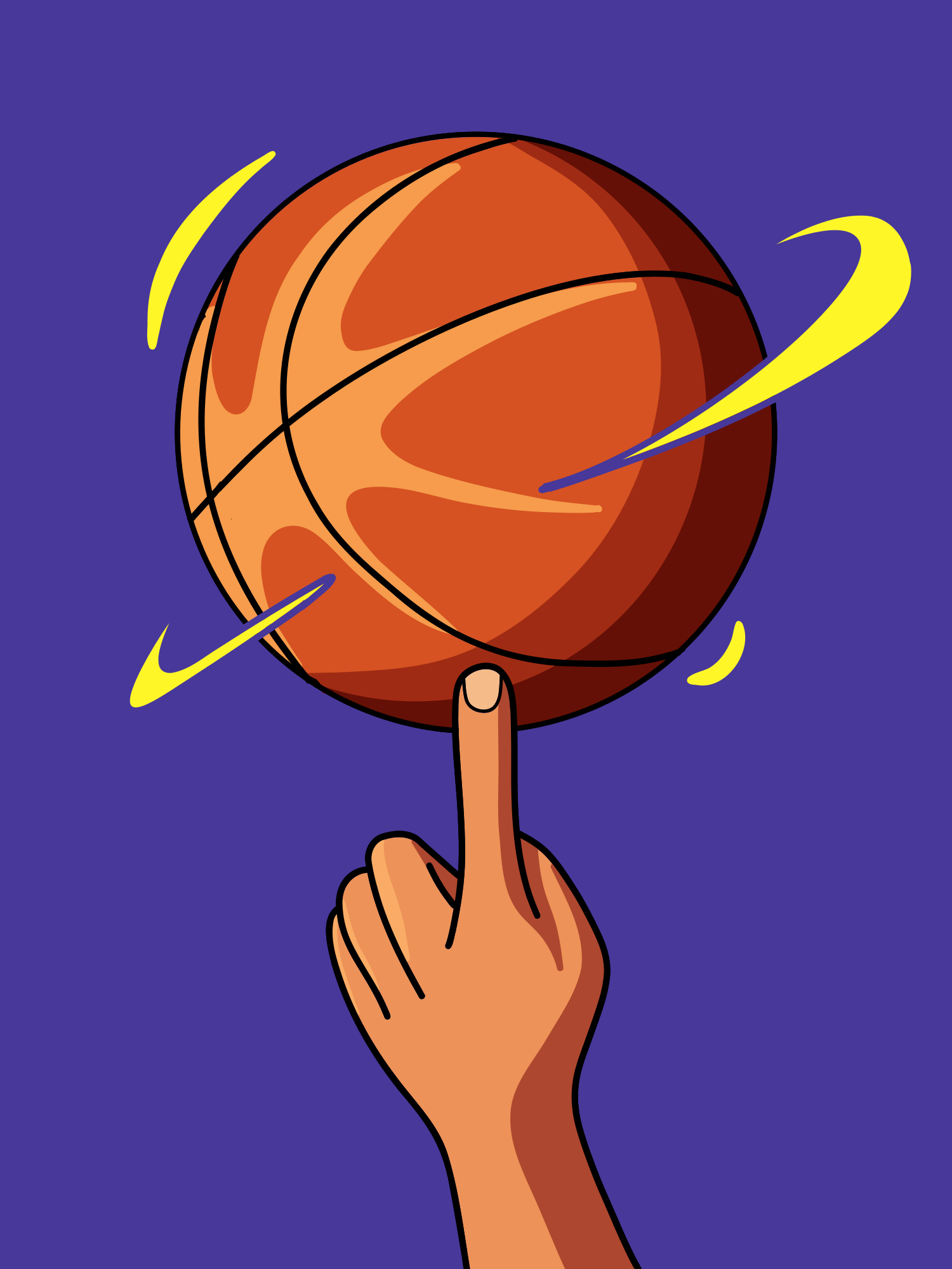 A hand is holding a basketball in front of a purple background