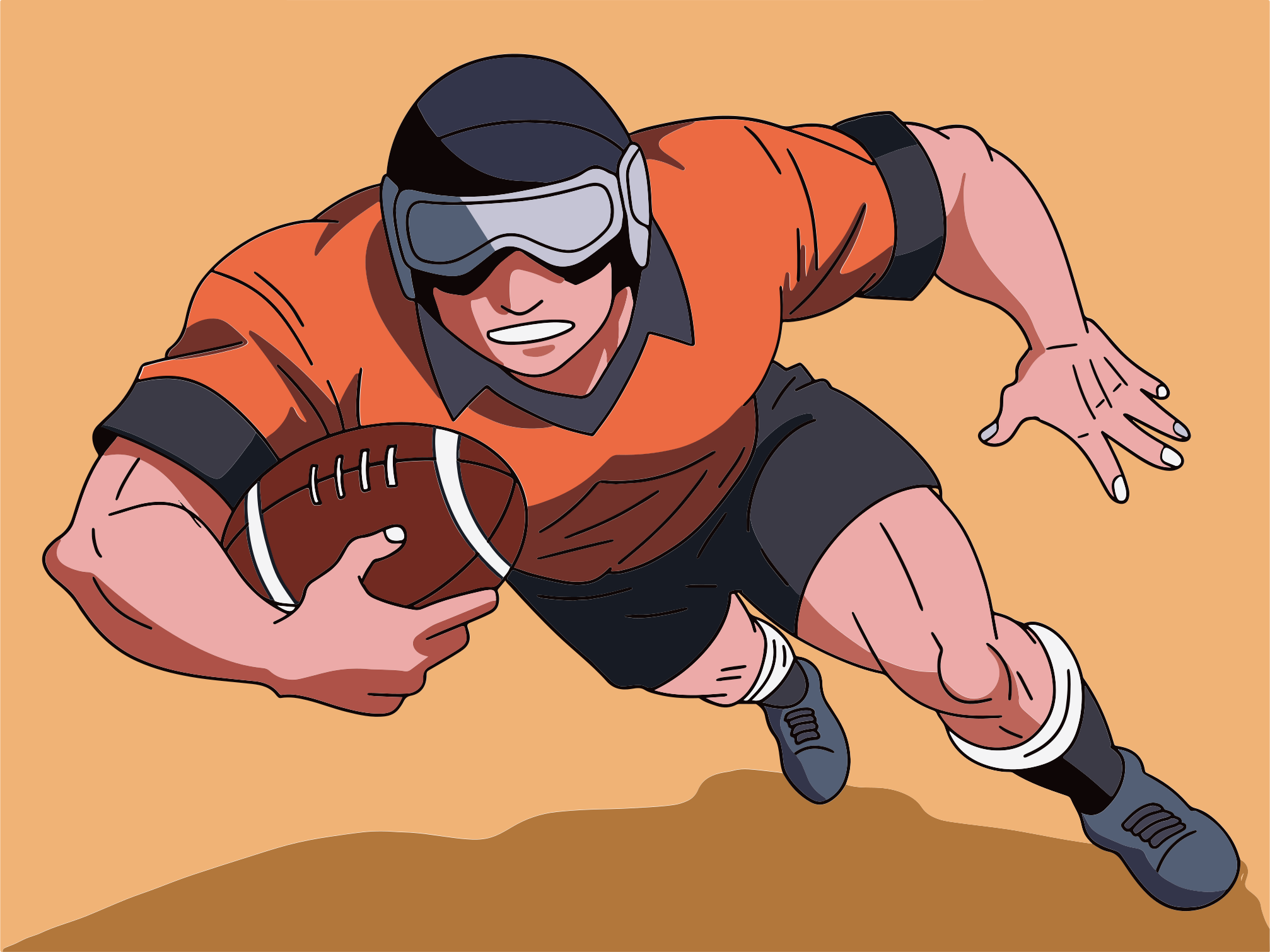 A cartoon of a football player running with the ball