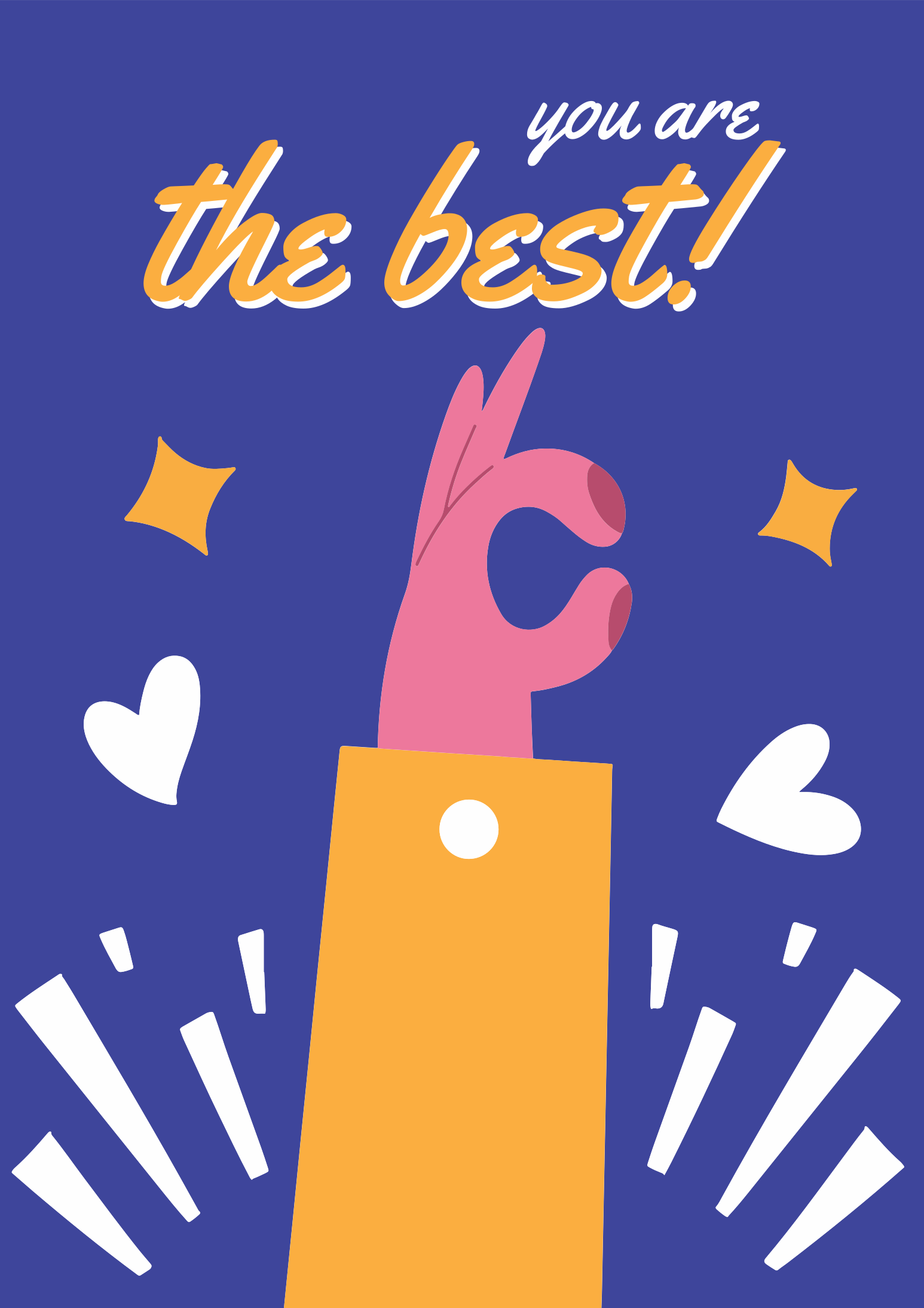 A blue card with a pink hand and stars on it