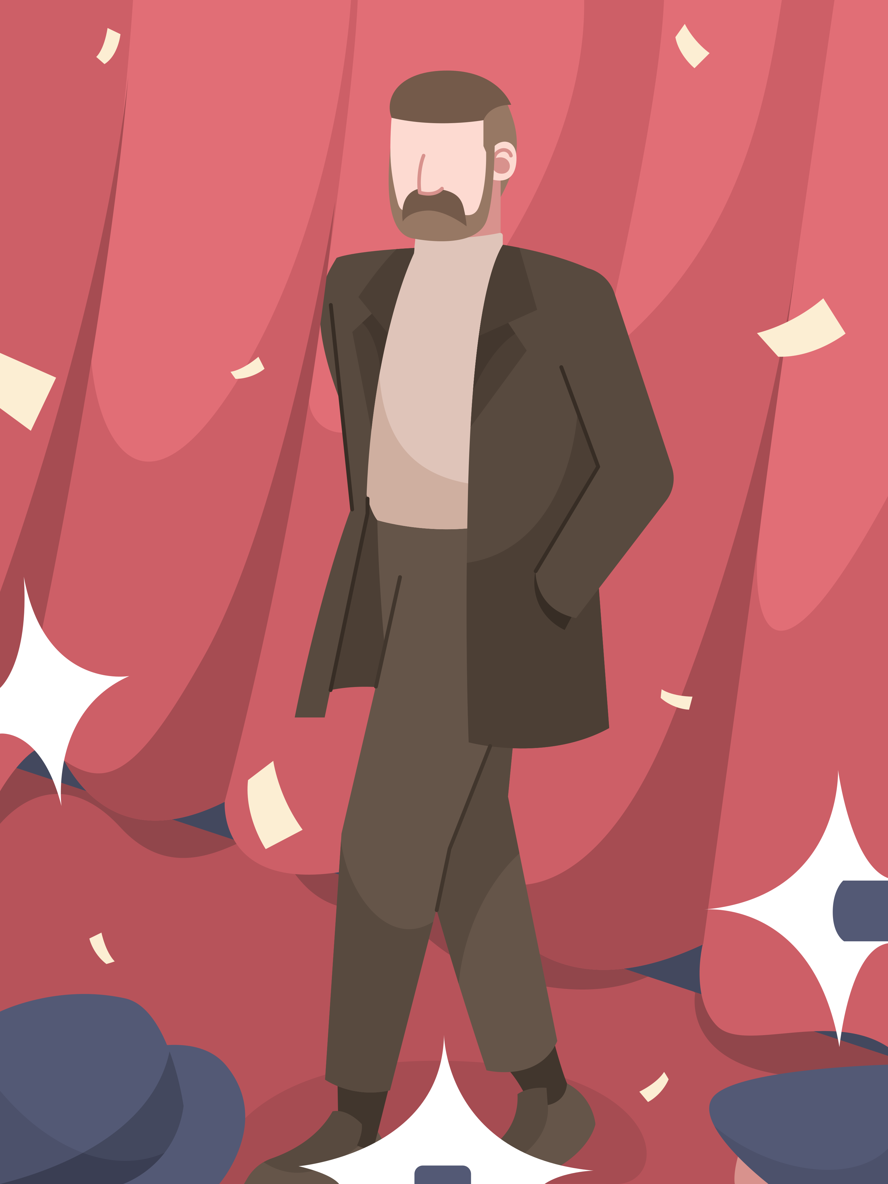 A man standing in front of a red curtain