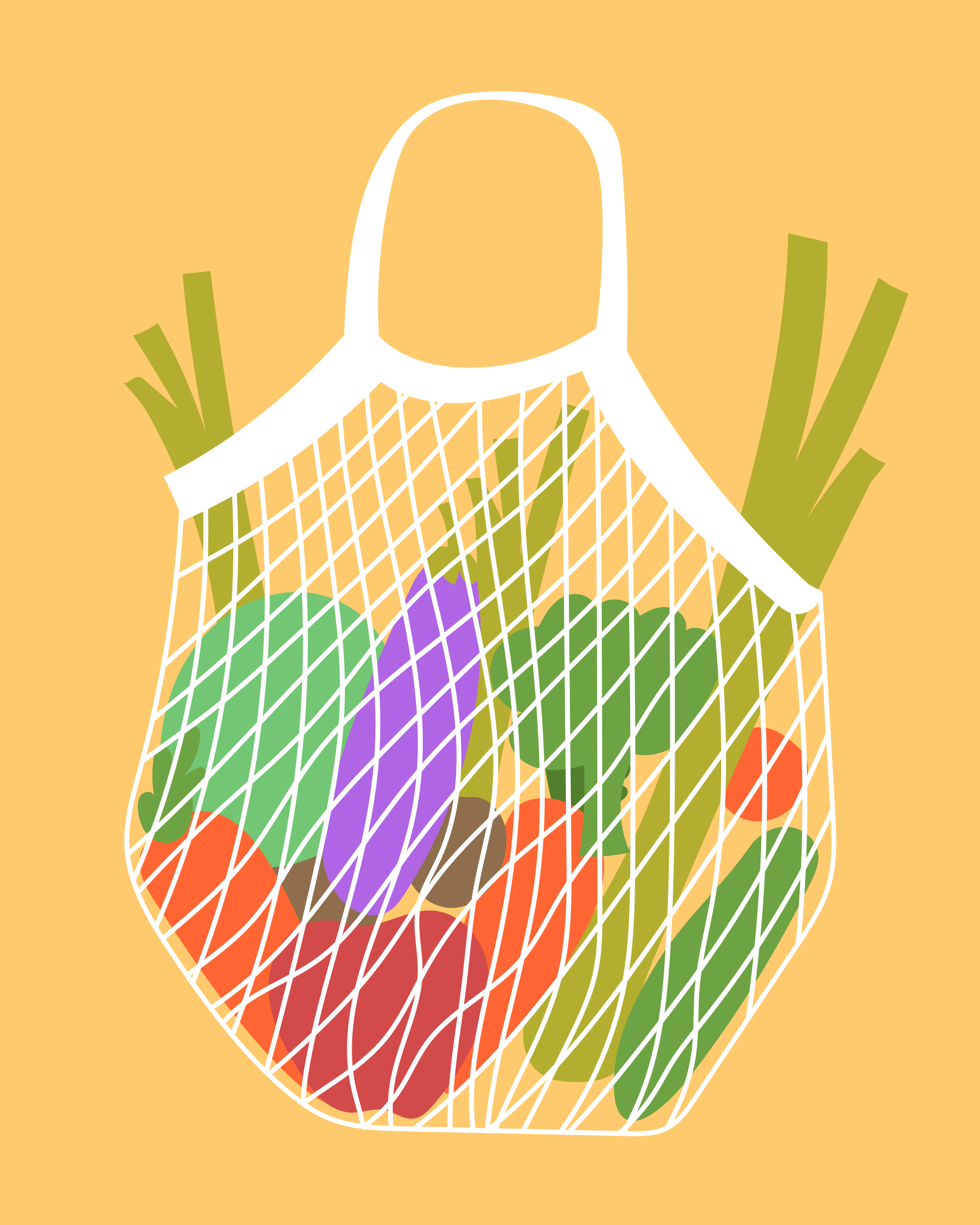 A bag filled with vegetables sitting on top of a yellow background