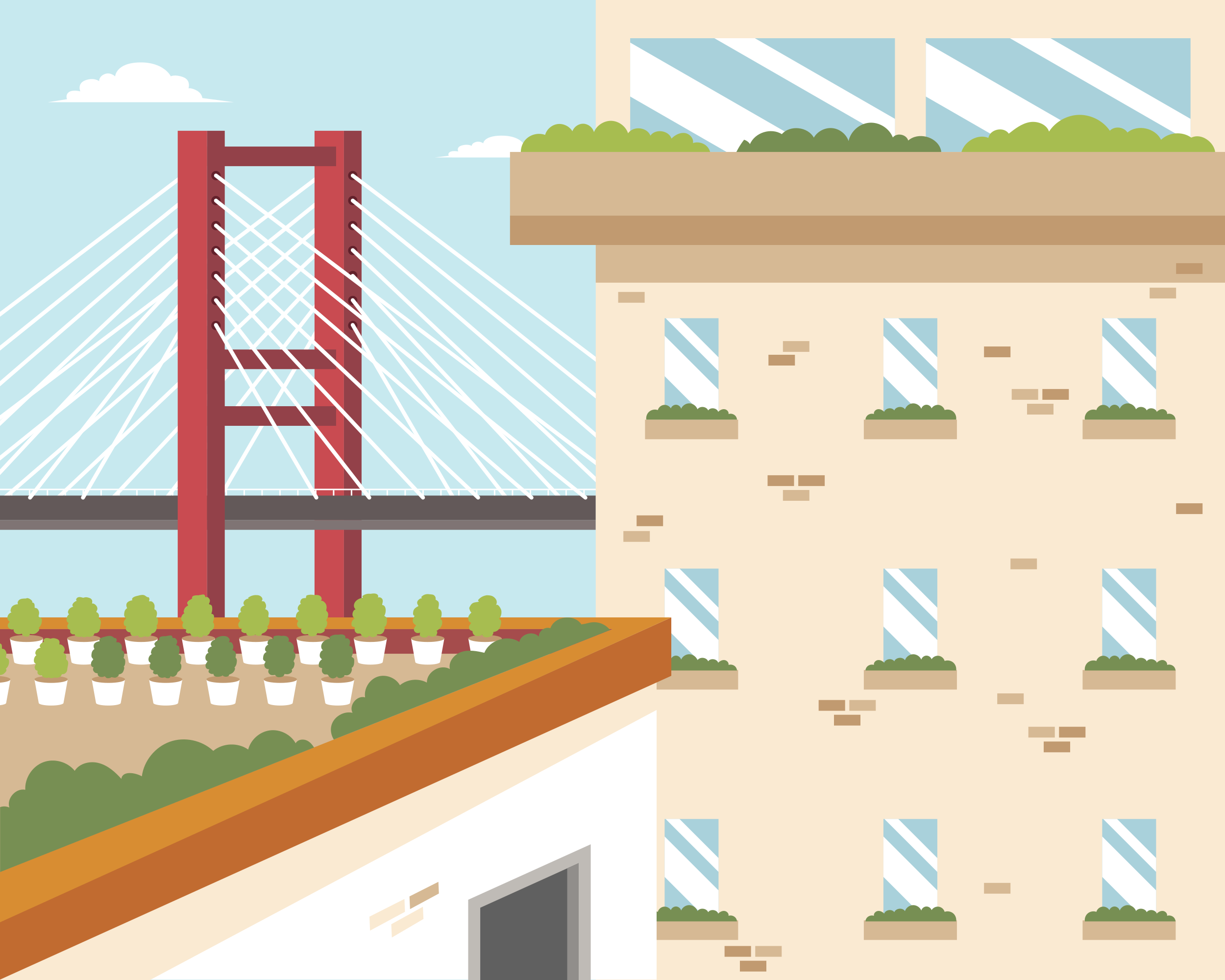 A flat design of a bridge and a building