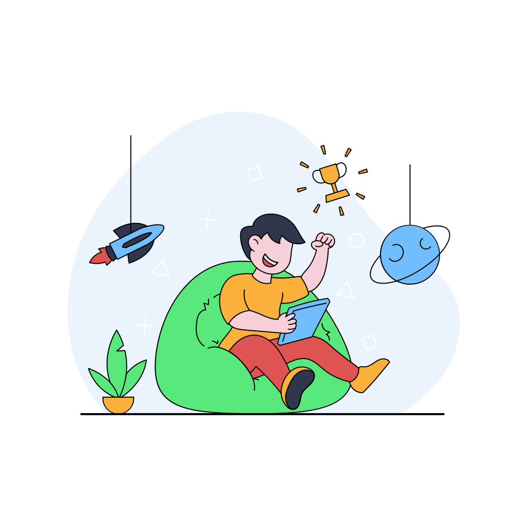 A boy is sitting on a bean bag reading a book