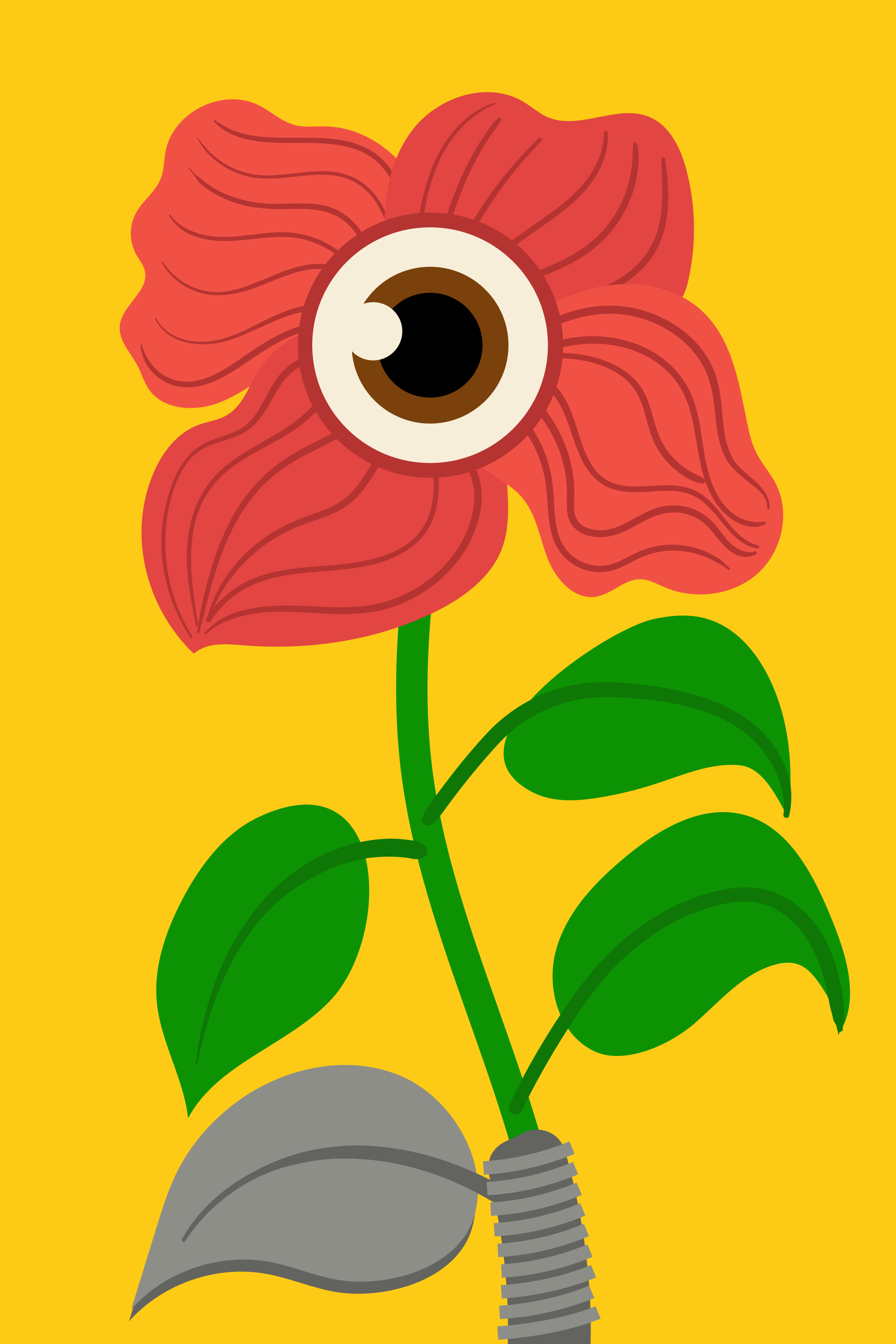 A red flower with a green stem on a yellow background