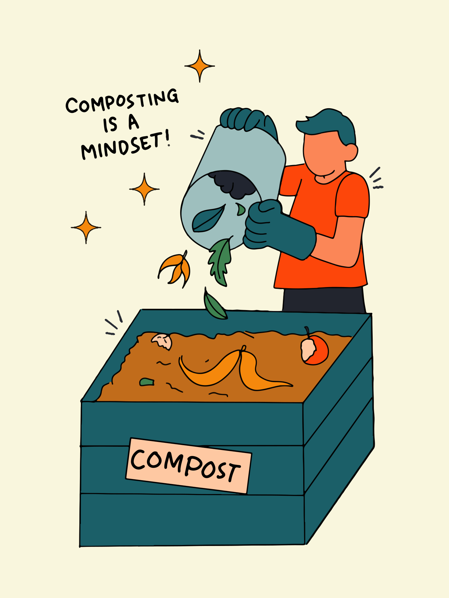 A man putting something in a box that says composting is a mindset