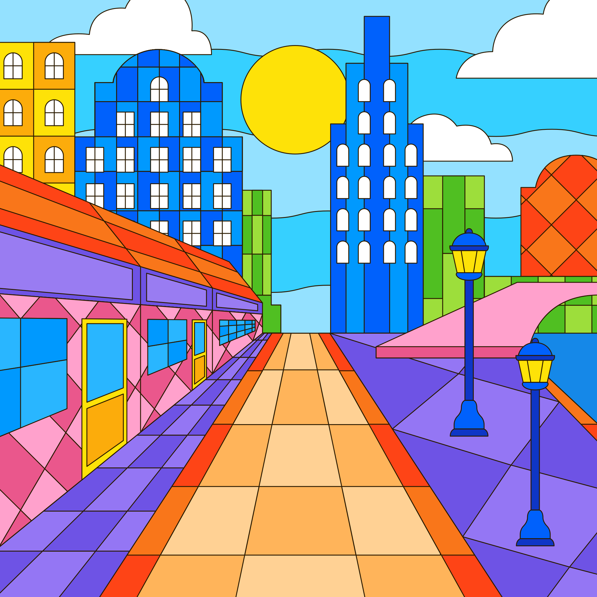 Une peinture d’une rue de la ville avec des bâtiments