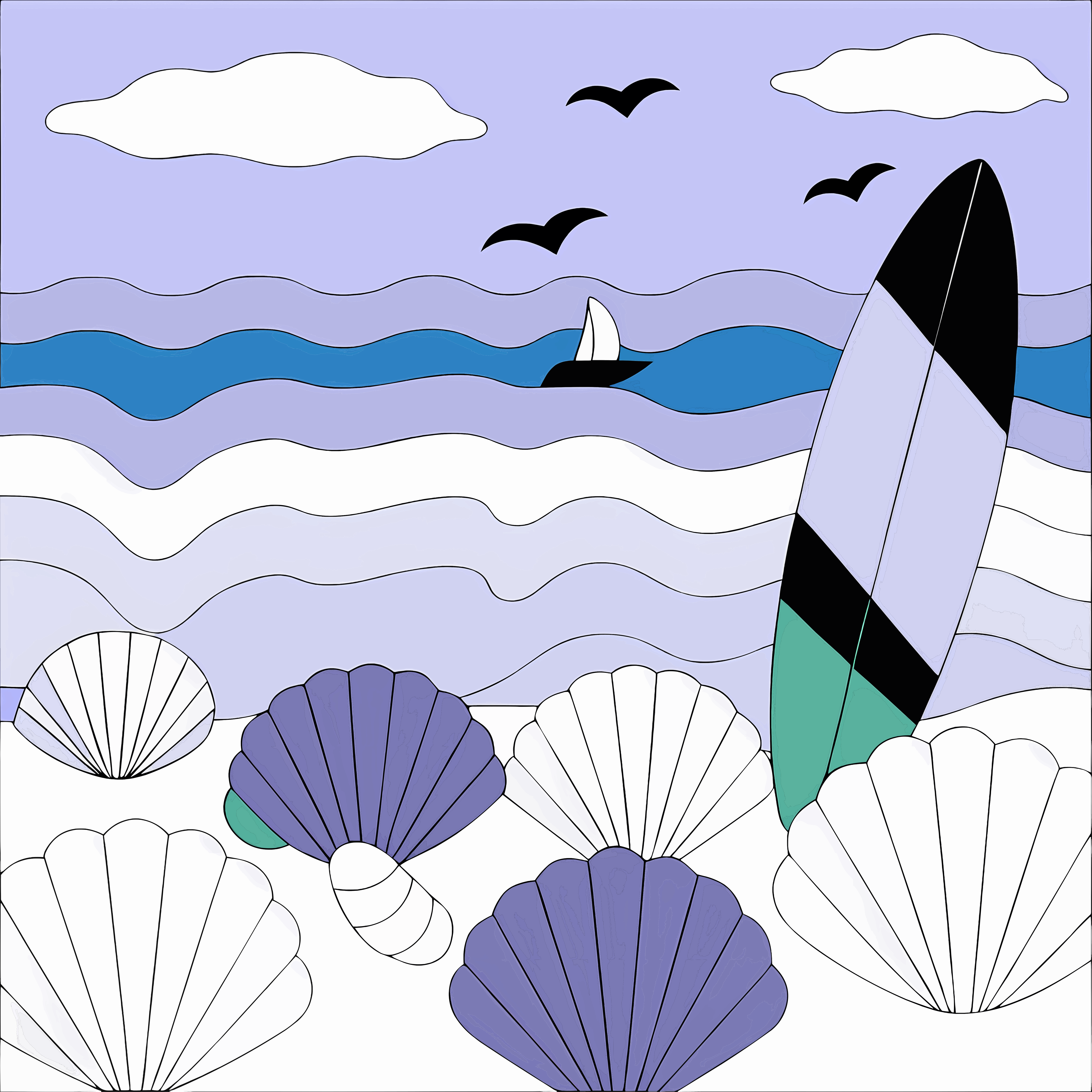 Ein Gemälde von einem Surfbrett und Muscheln an einem Strand