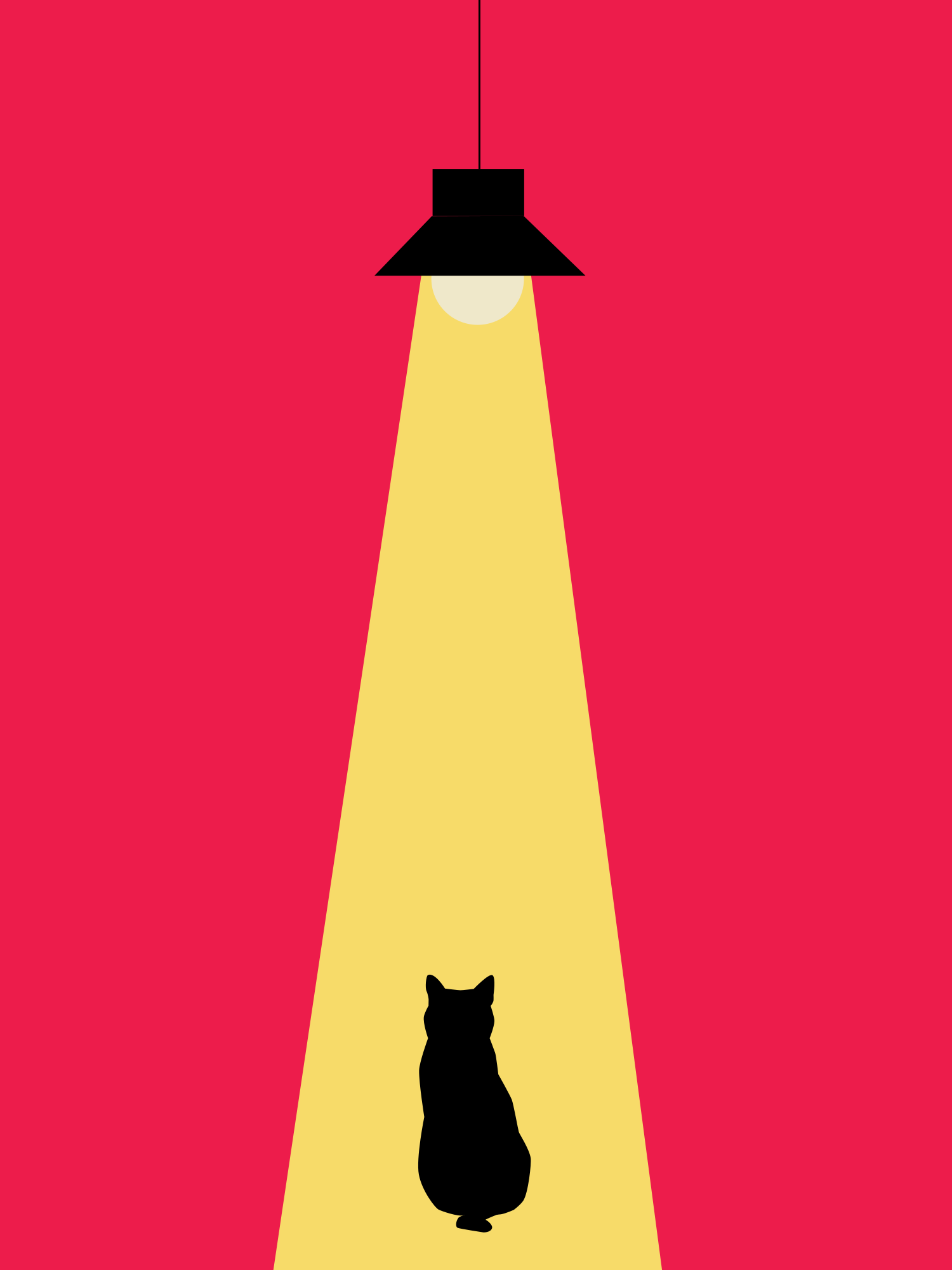 A cat sitting under a light on a red background