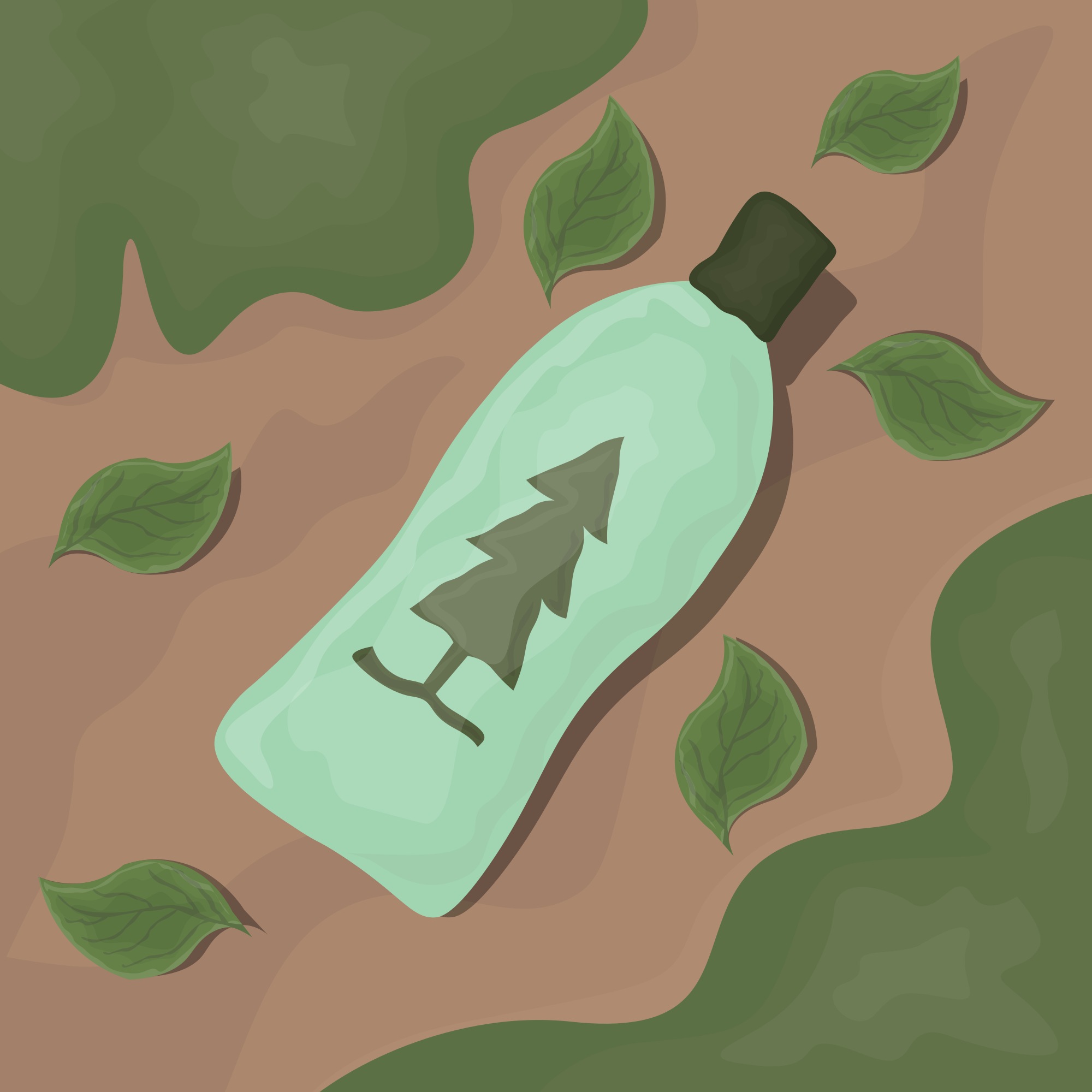 A bottle with a tree on it laying on the ground