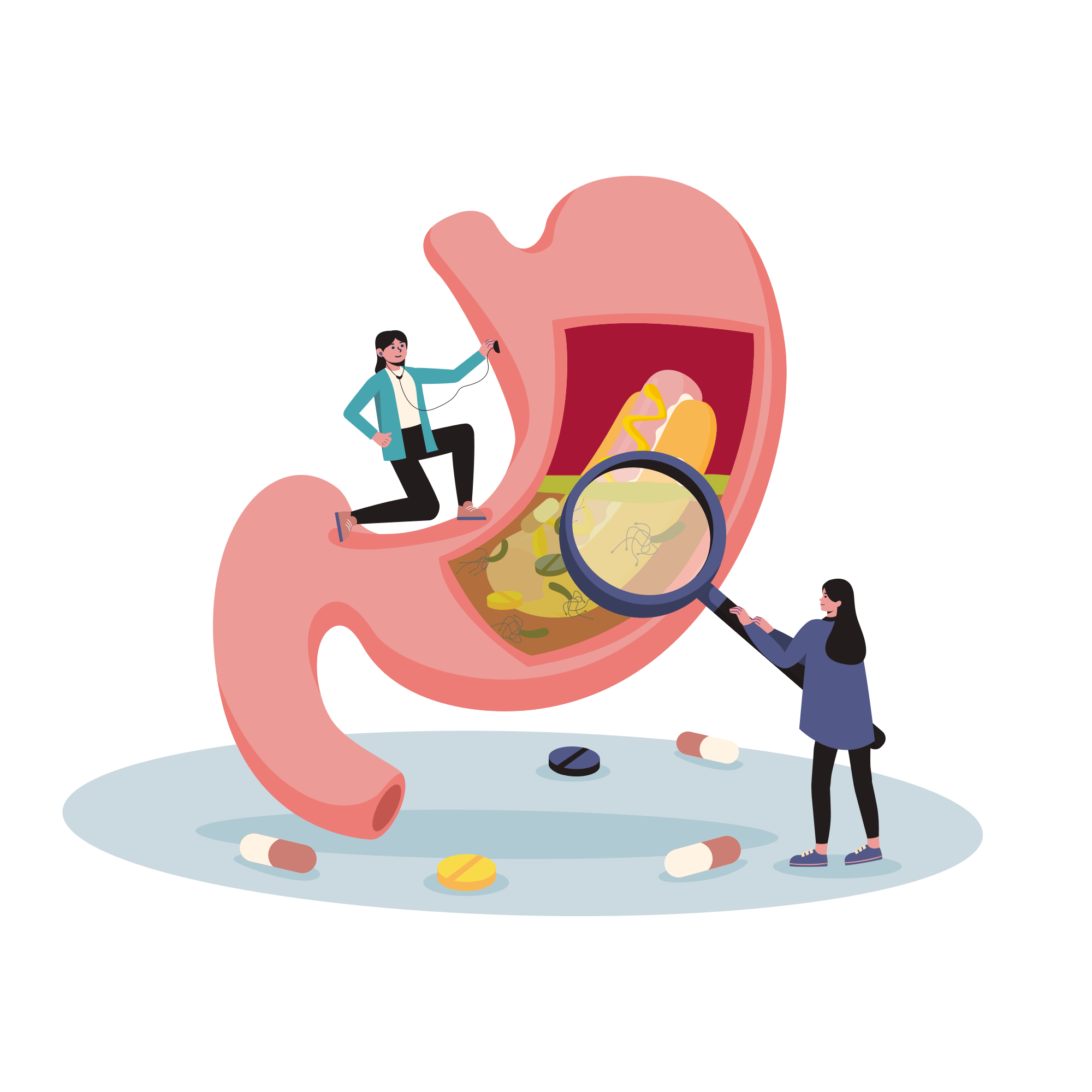 A person holding a magnifying glass over a stomach