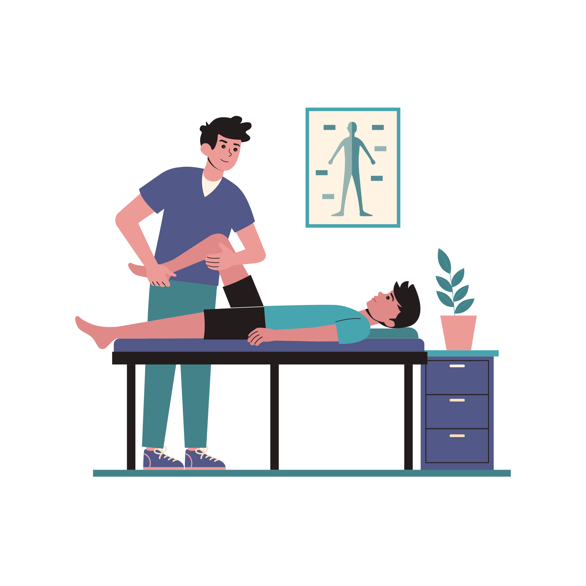 A man getting a back massage from a man in a blue shirt