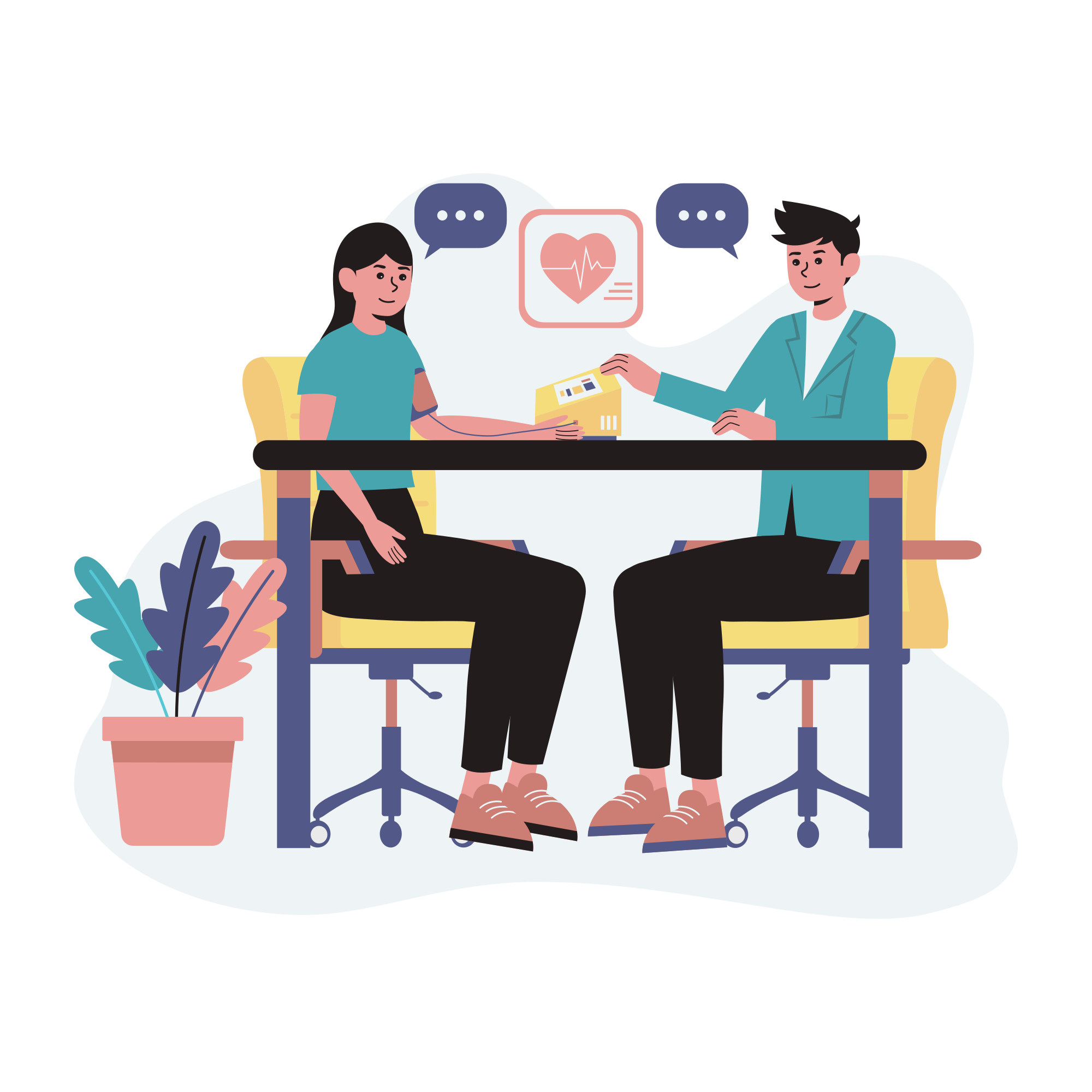 Dos personas sentadas en una mesa con burbujas de conversación encima