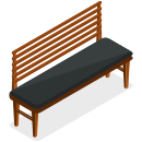 A wooden bench with a black seat cushion