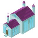 A church with a purple roof and two towers