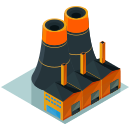 Ein orange-schwarzes Gebäude mit zwei Türmen