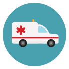 Un'ambulanza rossa e bianca è in un cerchio blu