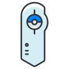 Une télécommande bleu clair avec un bouton circulaire bleu et blanc