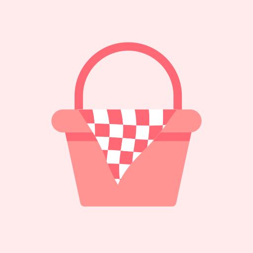 Ein rosa Korb mit einem karierten Tuch darin