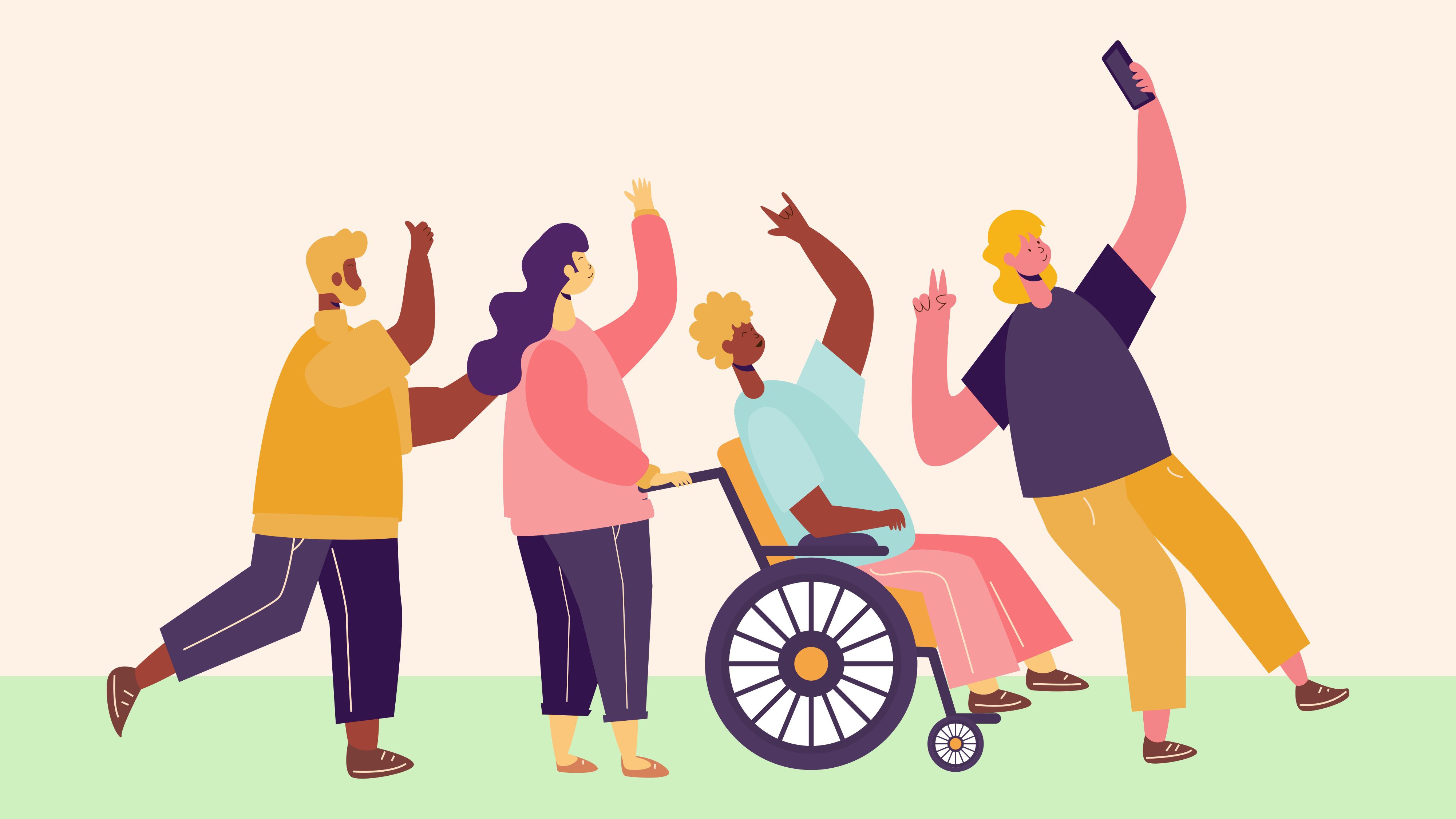 A group of people standing around a woman in a wheelchair