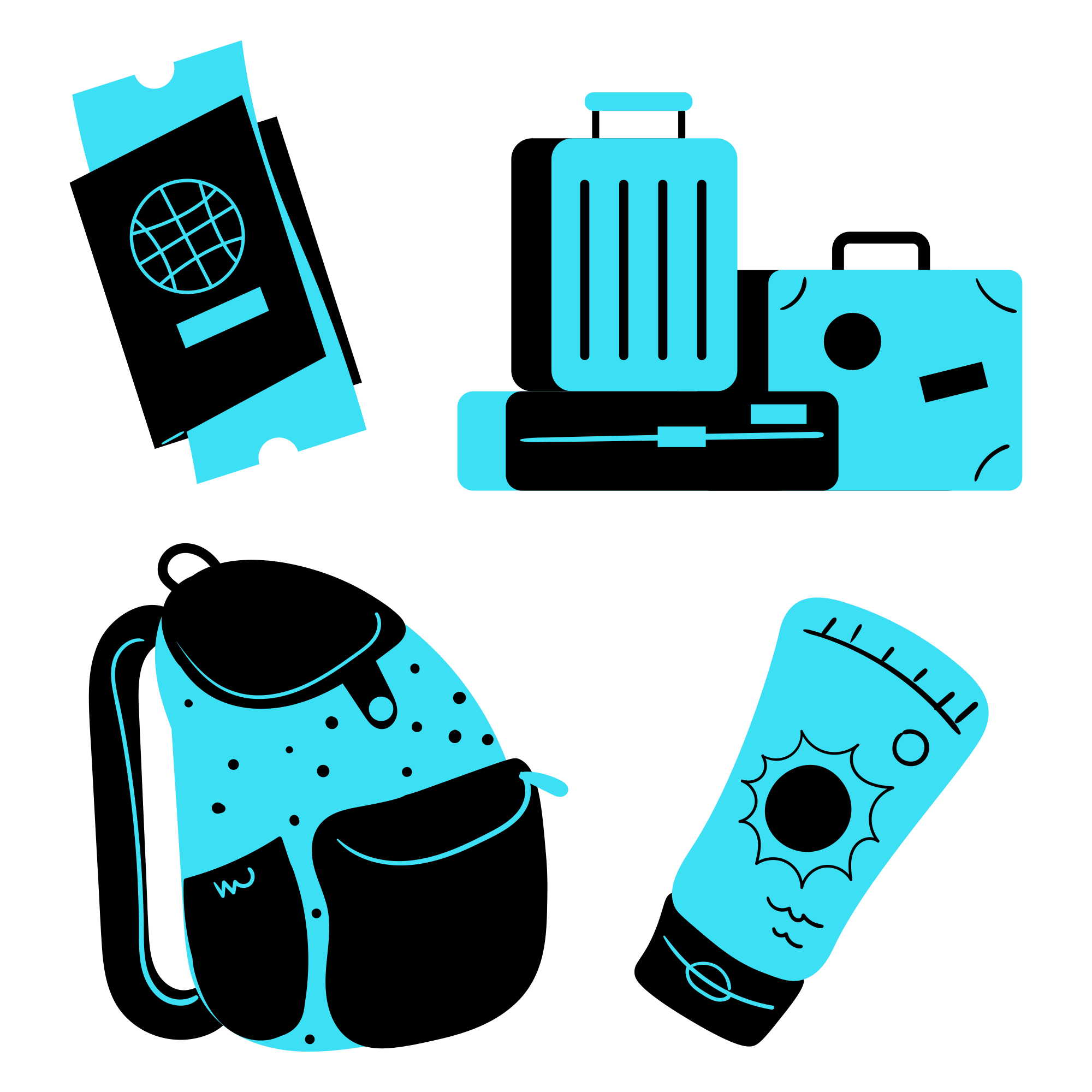 A blue and black picture of luggage and a backpack