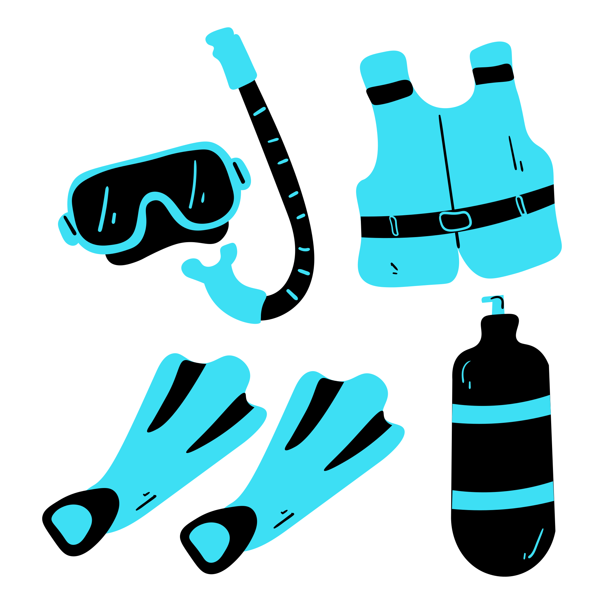 A set of scuba equipment including snorkels, snorkels,