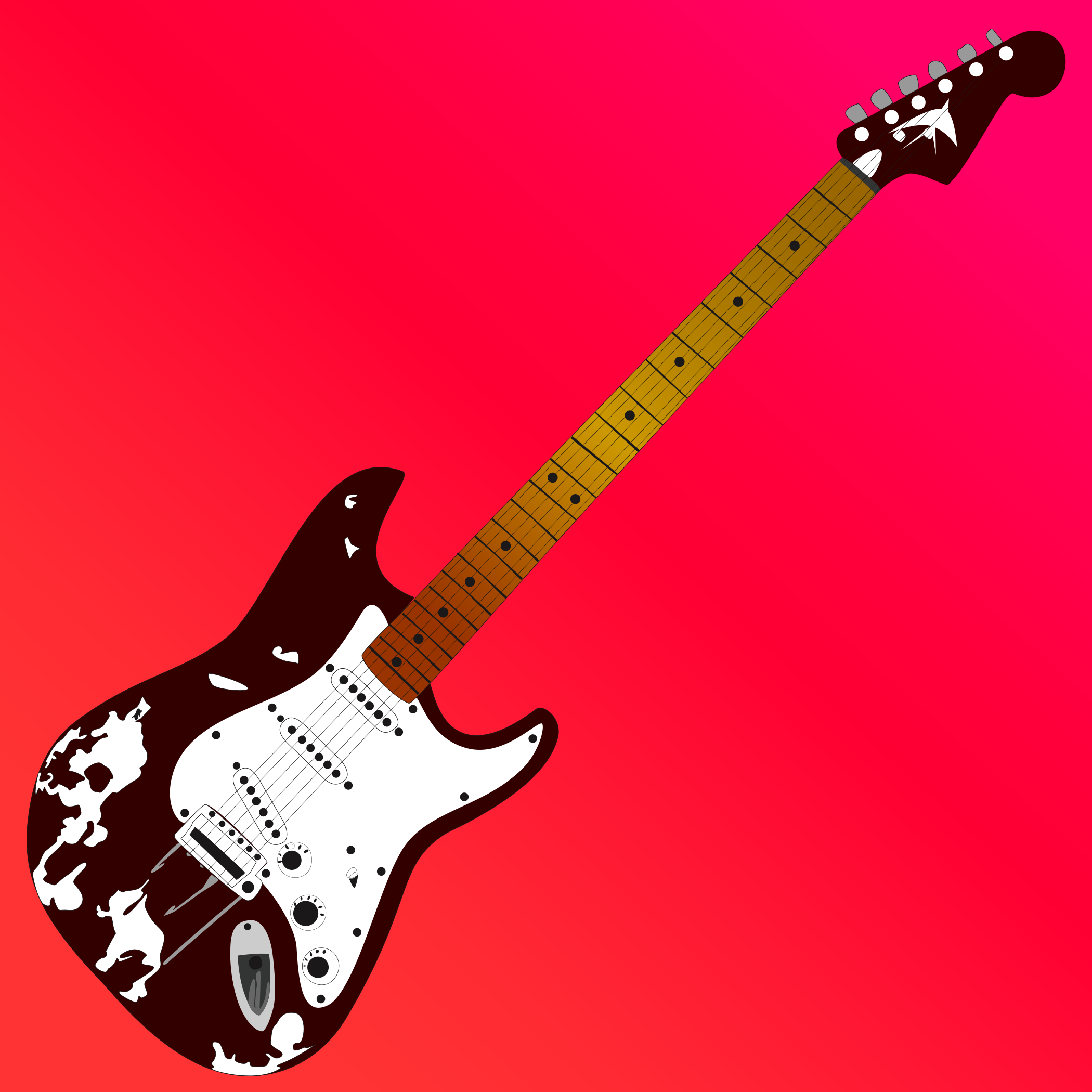 Una guitarra en blanco y negro con fondo rosa