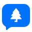 A blue speech bubble with a white christmas tree on it