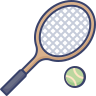 A tennis racket and a ball on a white background