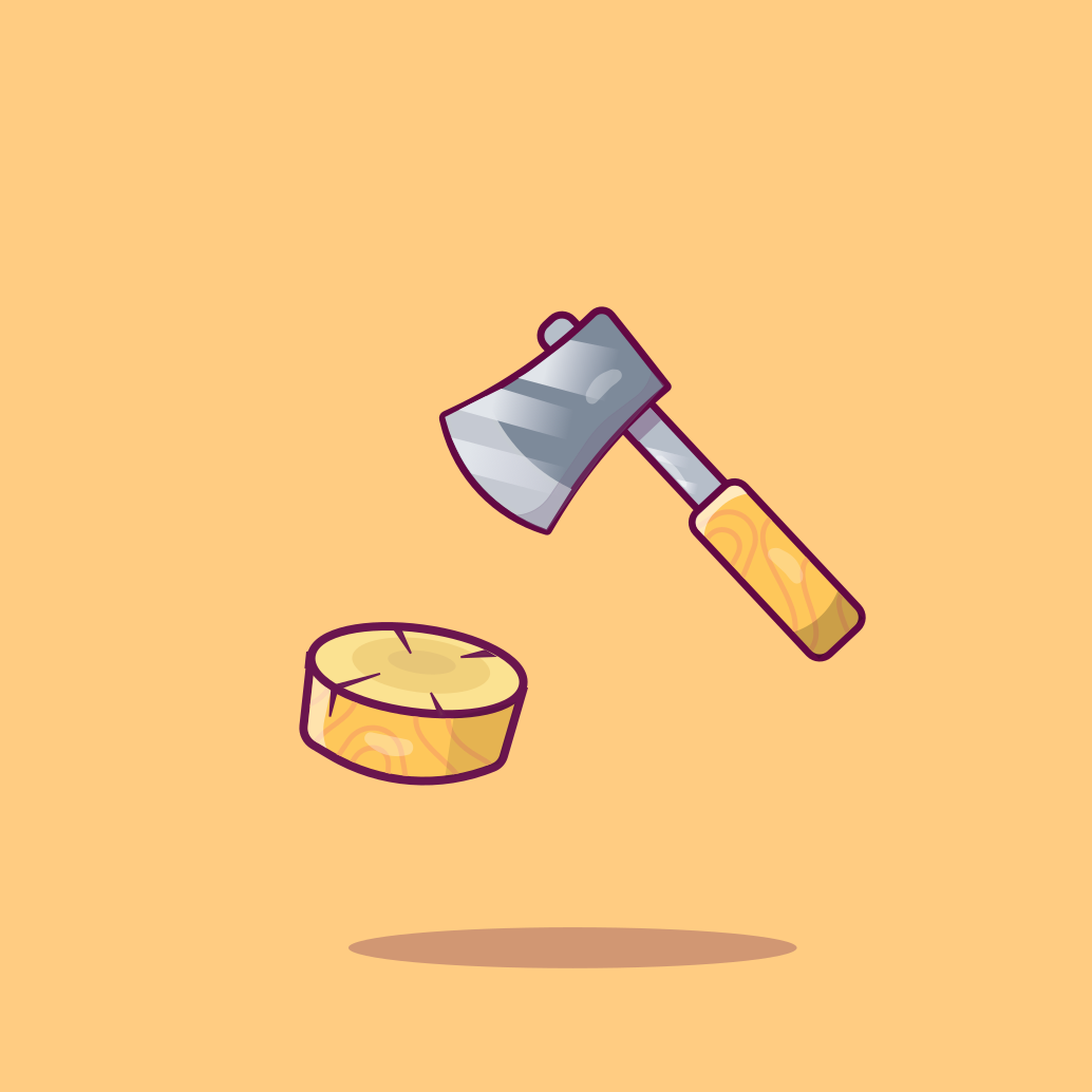 Cartoon image of an axe chopping a plank of wood
