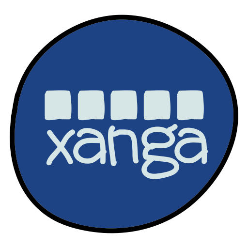 Logo biru melingkar dengan lima kotak biru muda di atas kata xanga