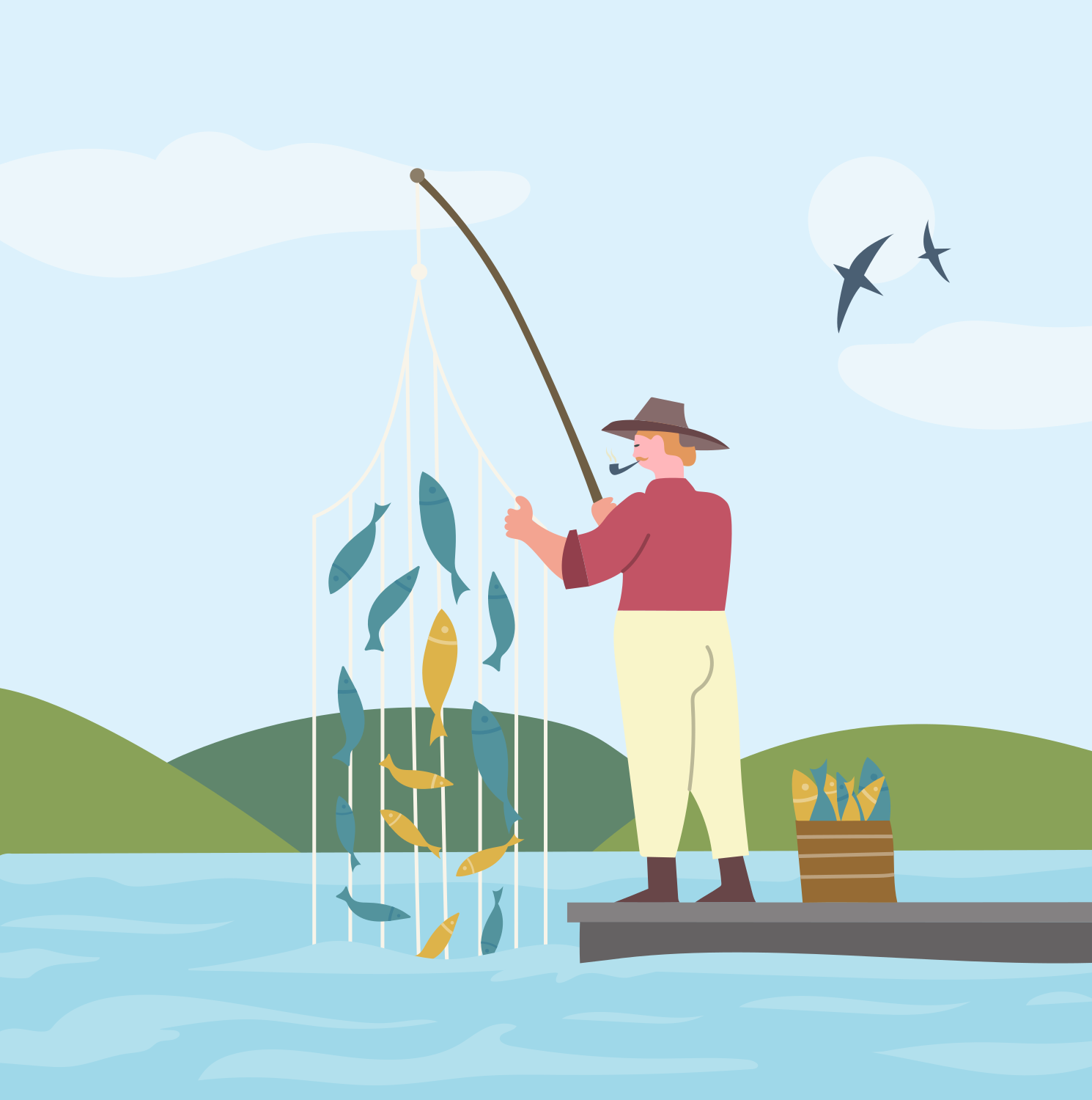 A man standing on a boat holding a fishing rod