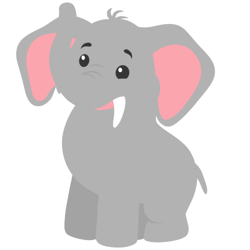 A gray elephant with pink ears sitting down