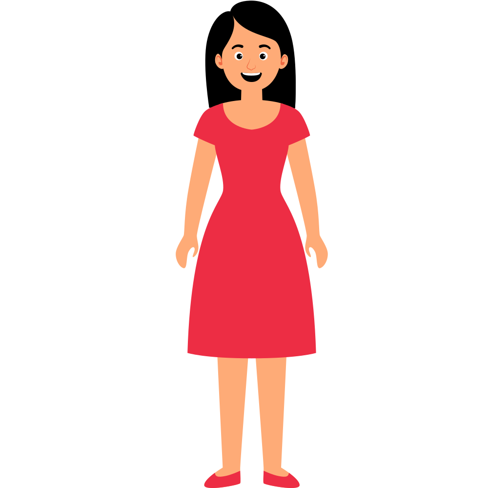 A woman in a red dress standing with her hands in her pockets