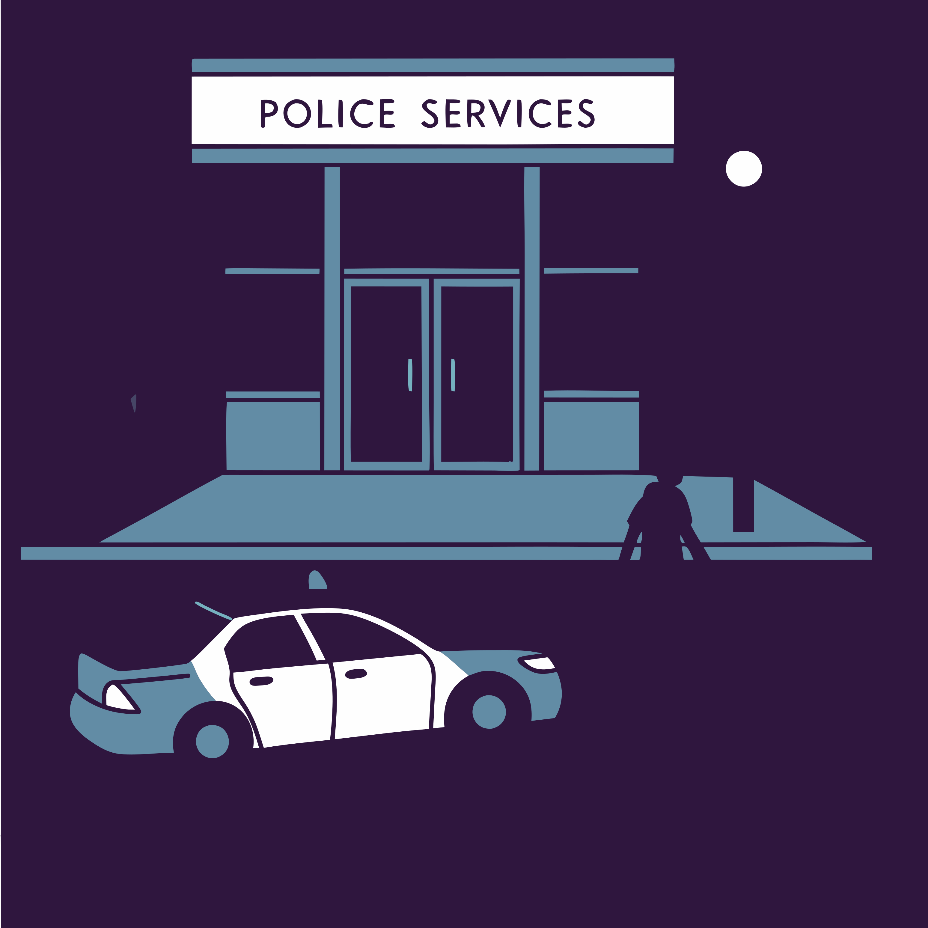 Uma viatura da polícia estacionada em frente a uma delegacia