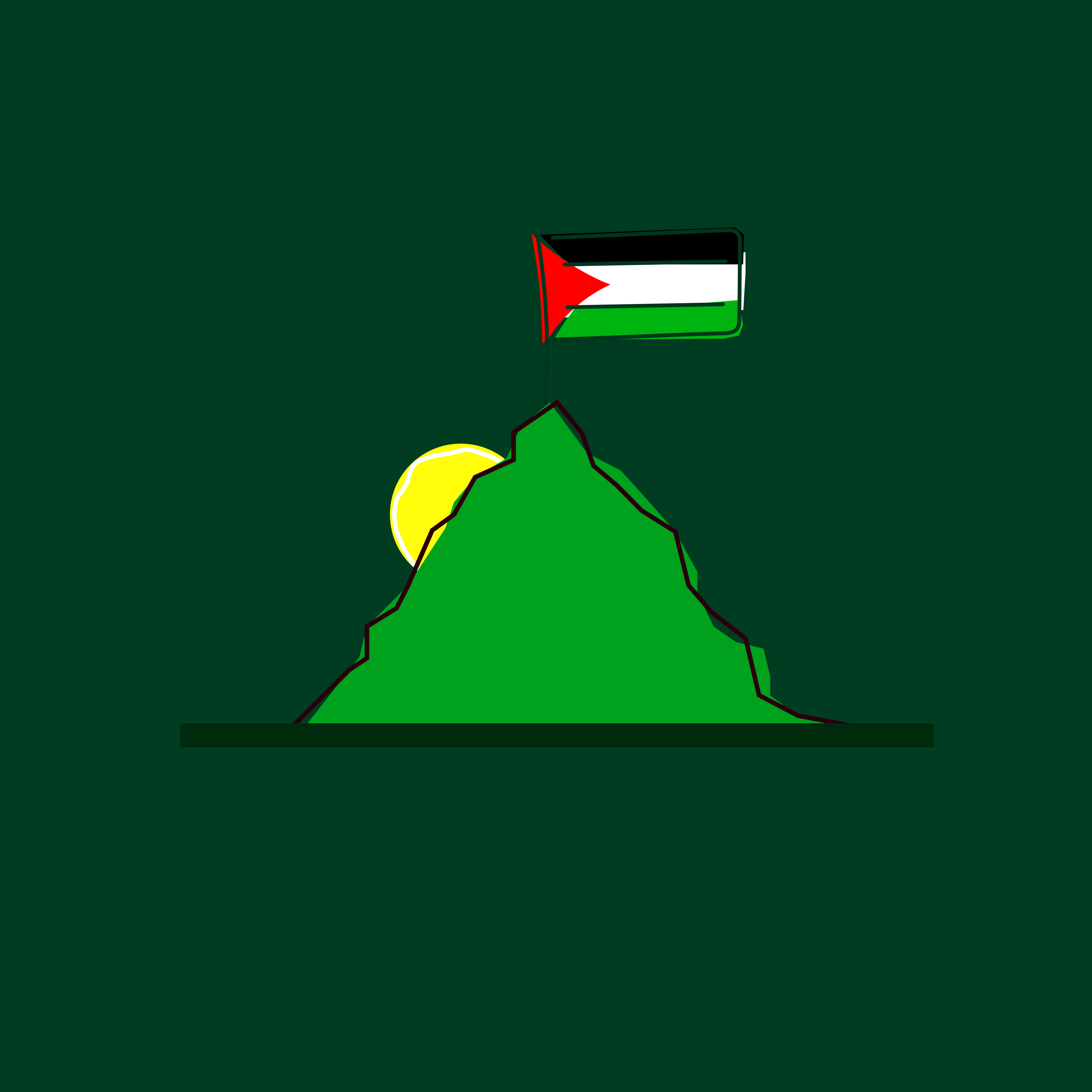 A green mountain with a flag on top of it